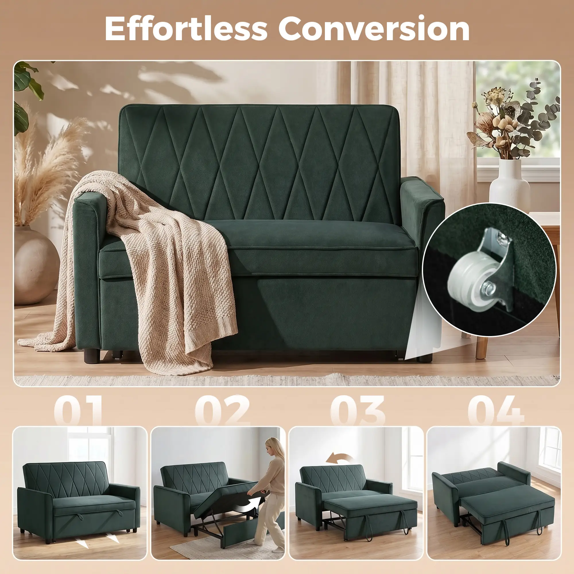 2 Seater Velvet Sofa Bed 130 x 87 x 90cm - Dark Green - 4