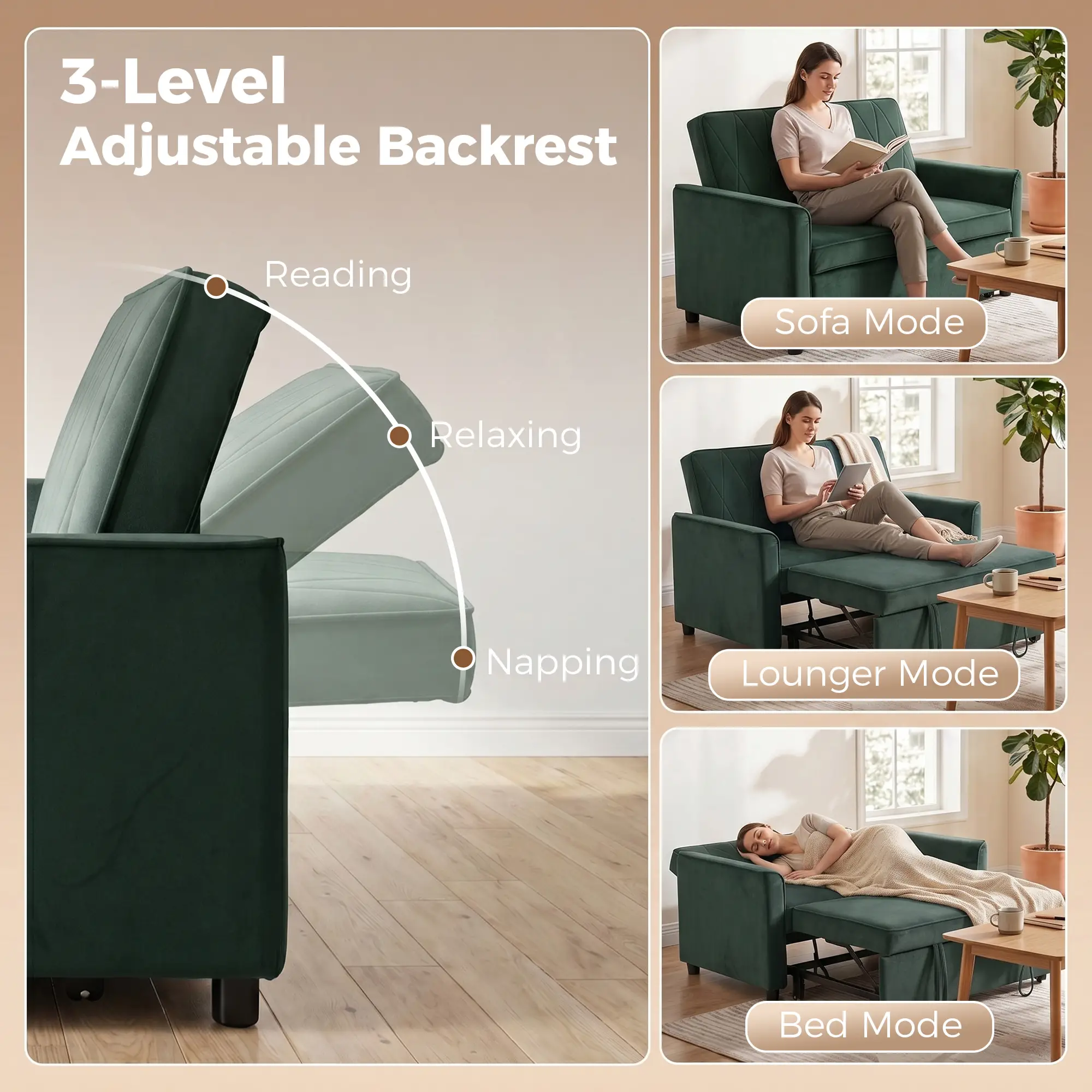 2 Seater Velvet Sofa Bed 130 x 87 x 90cm - Dark Green - 5