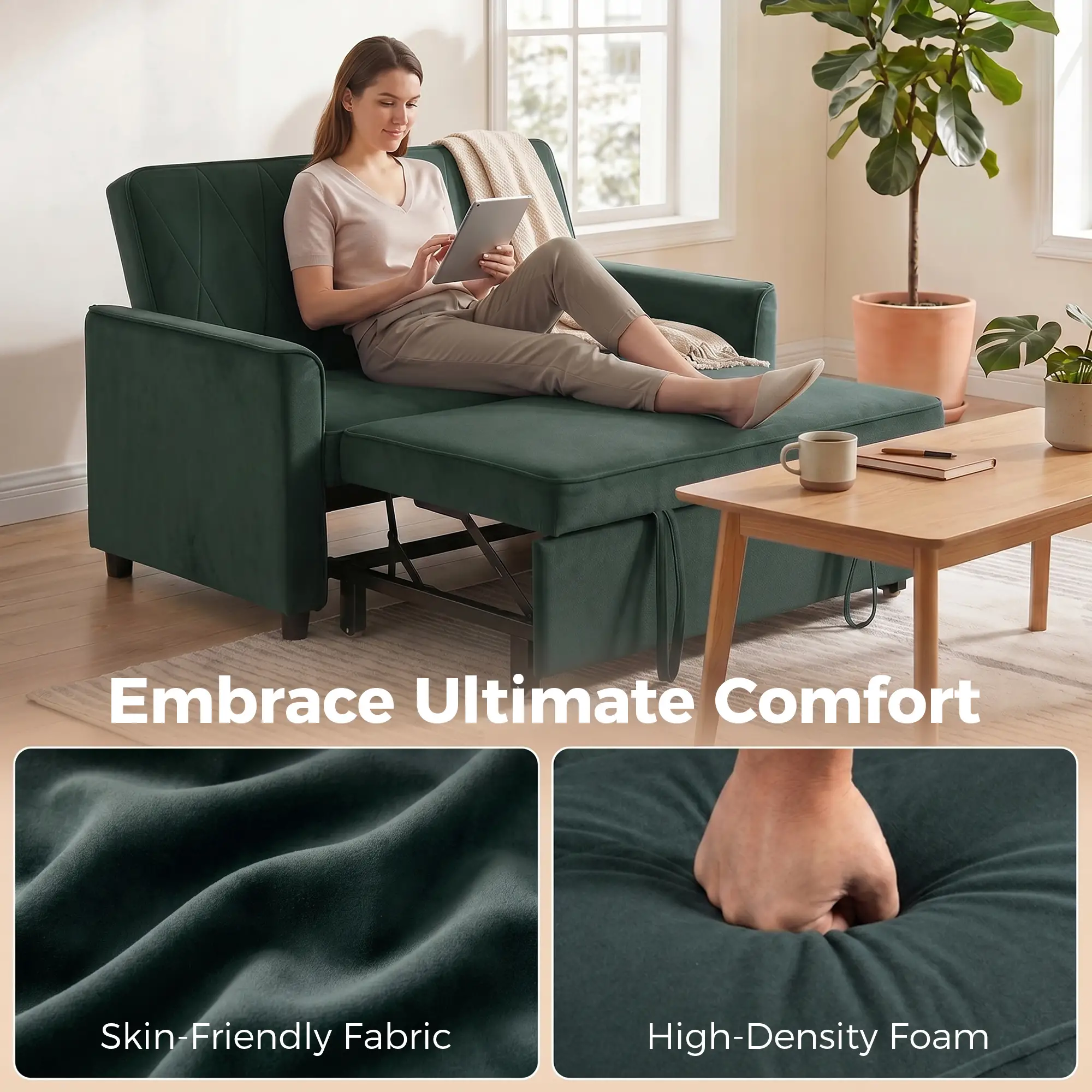 2 Seater Velvet Sofa Bed 130 x 87 x 90cm - Dark Green - 6