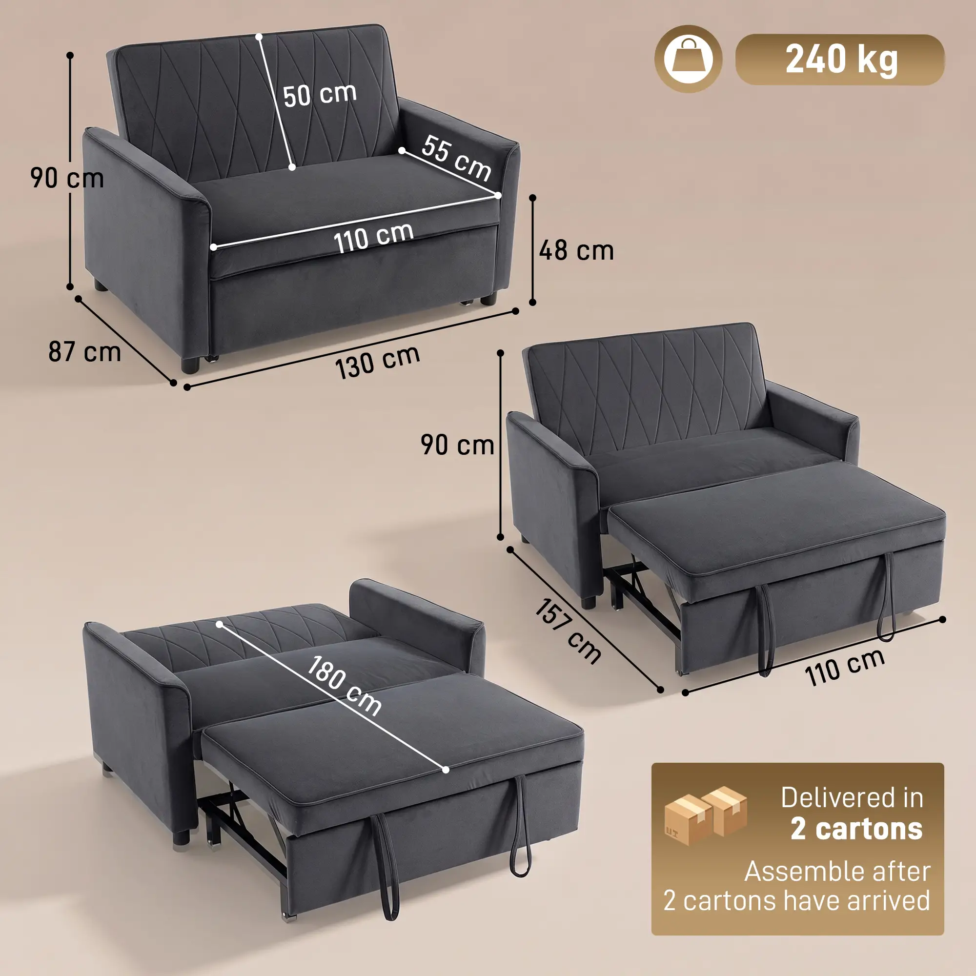 2 Seater Velvet Sofa Bed 130 x 87 x 90cm - Dark Grey - 3