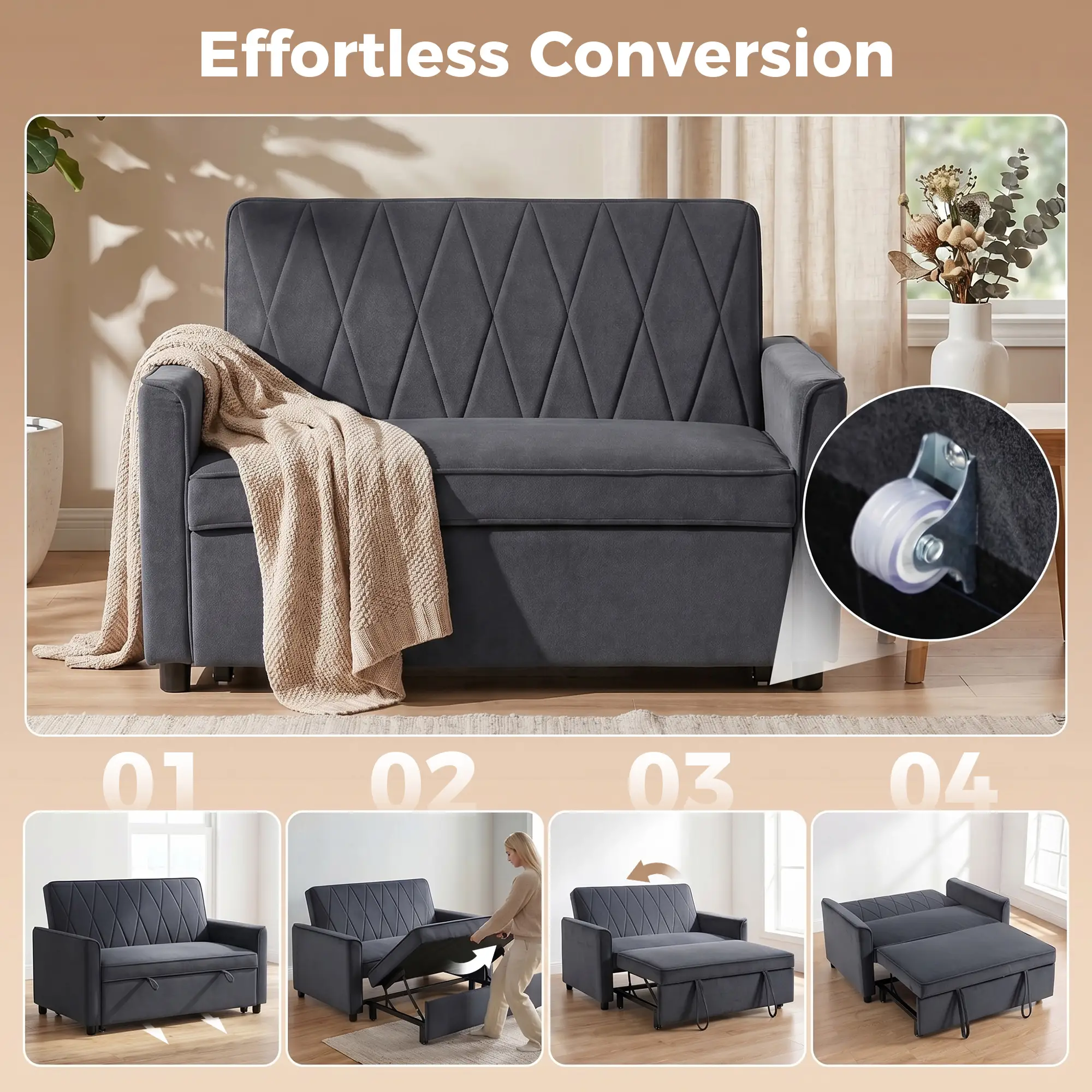 2 Seater Velvet Sofa Bed 130 x 87 x 90cm - Dark Grey - 4