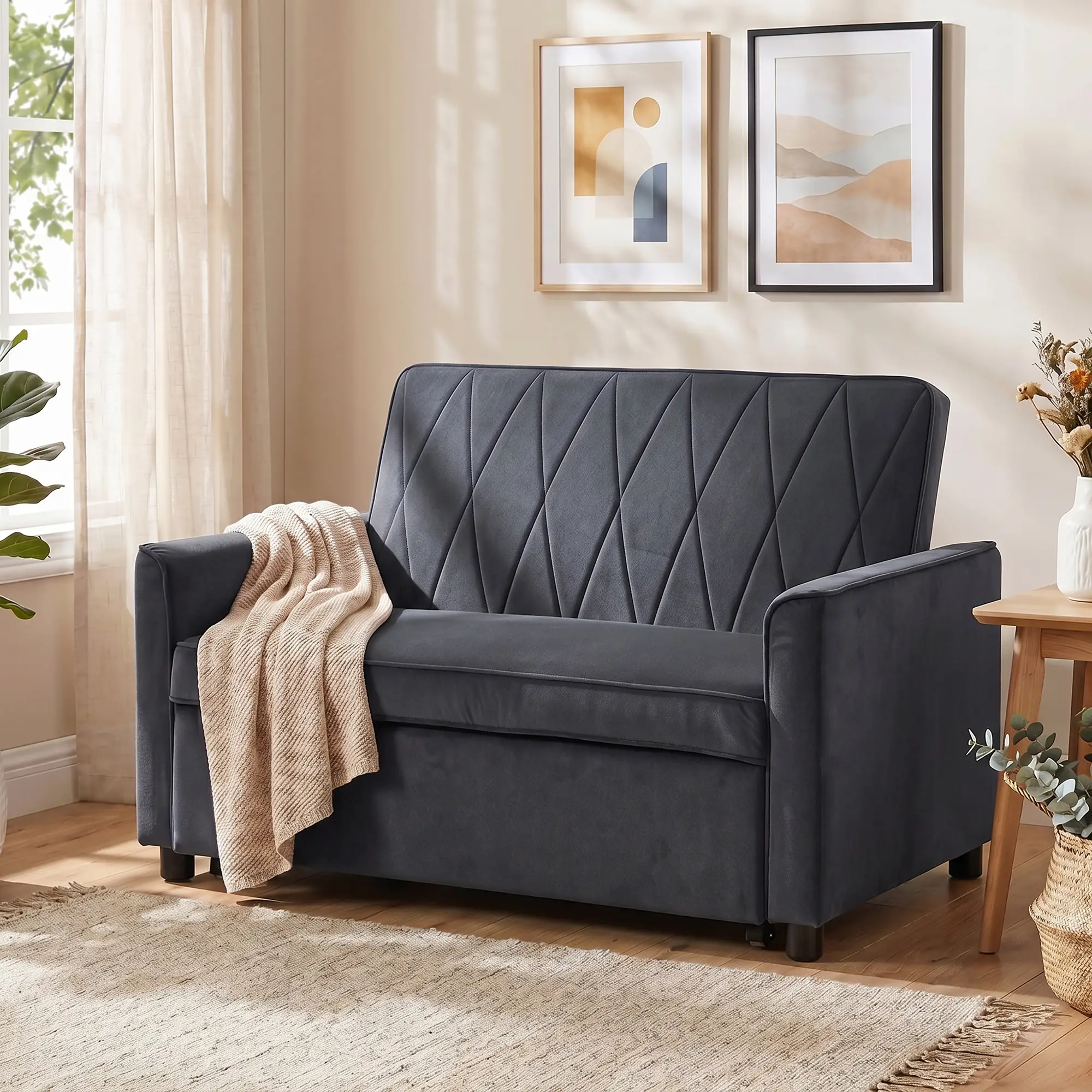 2 Seater Velvet Sofa Bed 130 x 87 x 90cm - Dark Grey - 14