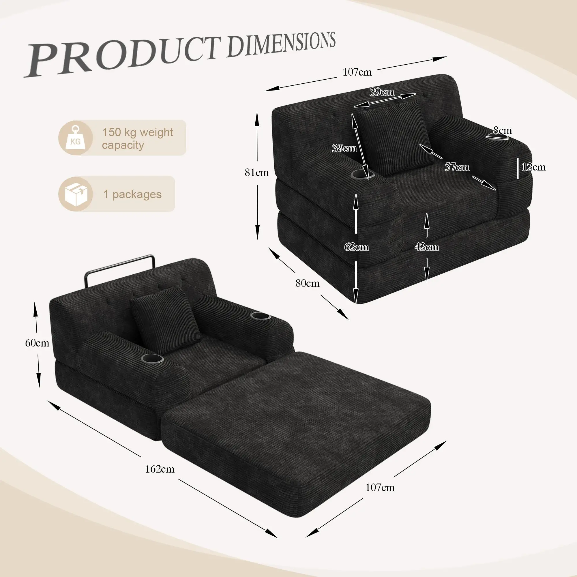 1 Seater Corduroy Sofa Bed 107 x 80 x 81cm - Black - 3
