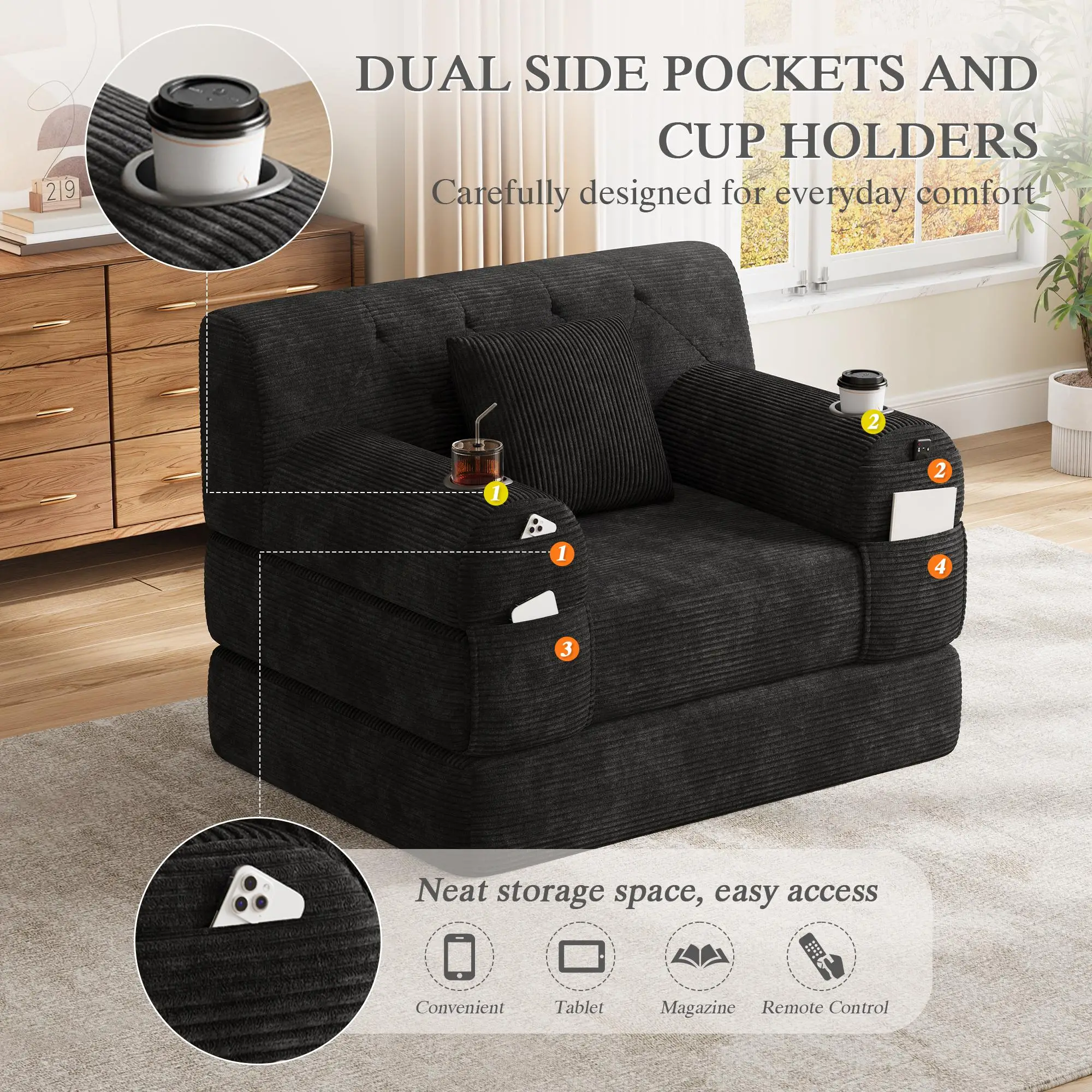 1 Seater Corduroy Sofa Bed 107 x 80 x 81cm - Black - 4