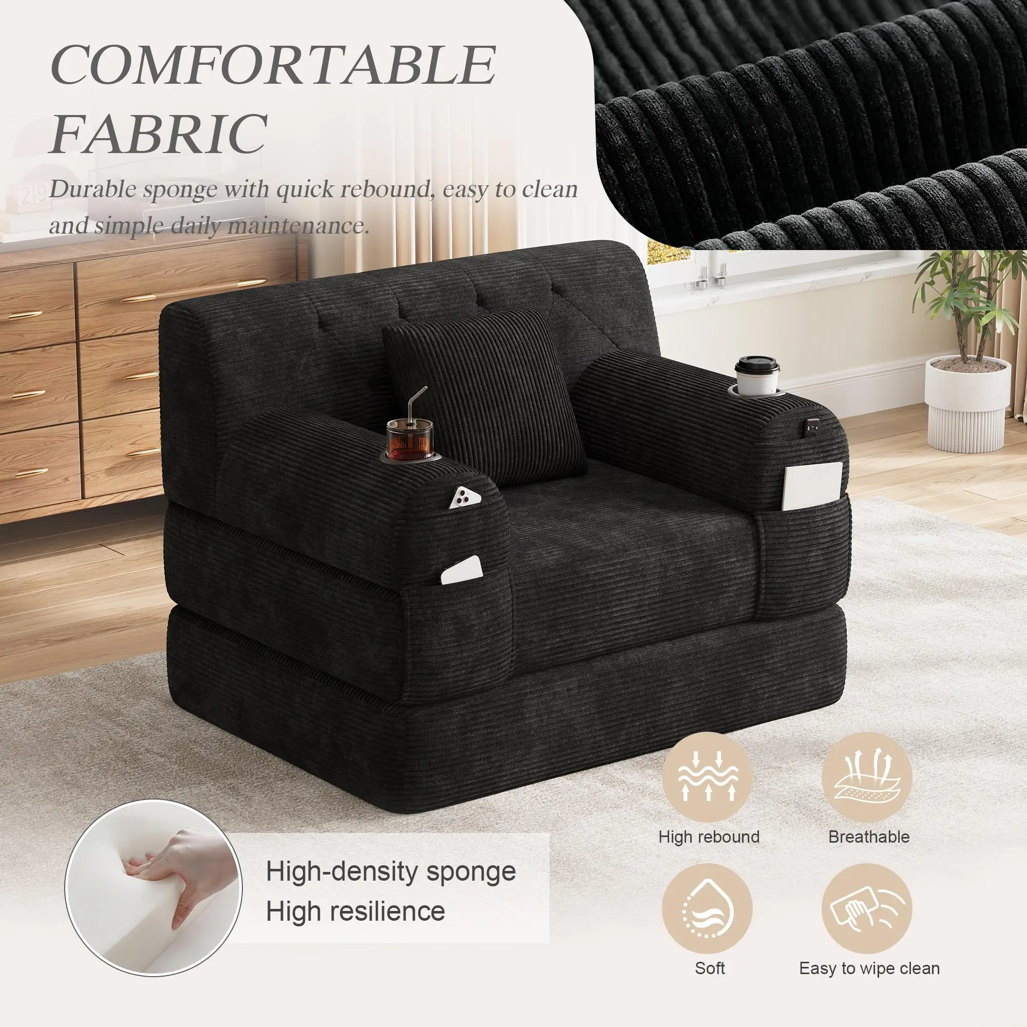 1 Seater Corduroy Sofa Bed 107 x 80 x 81cm - Black - 5