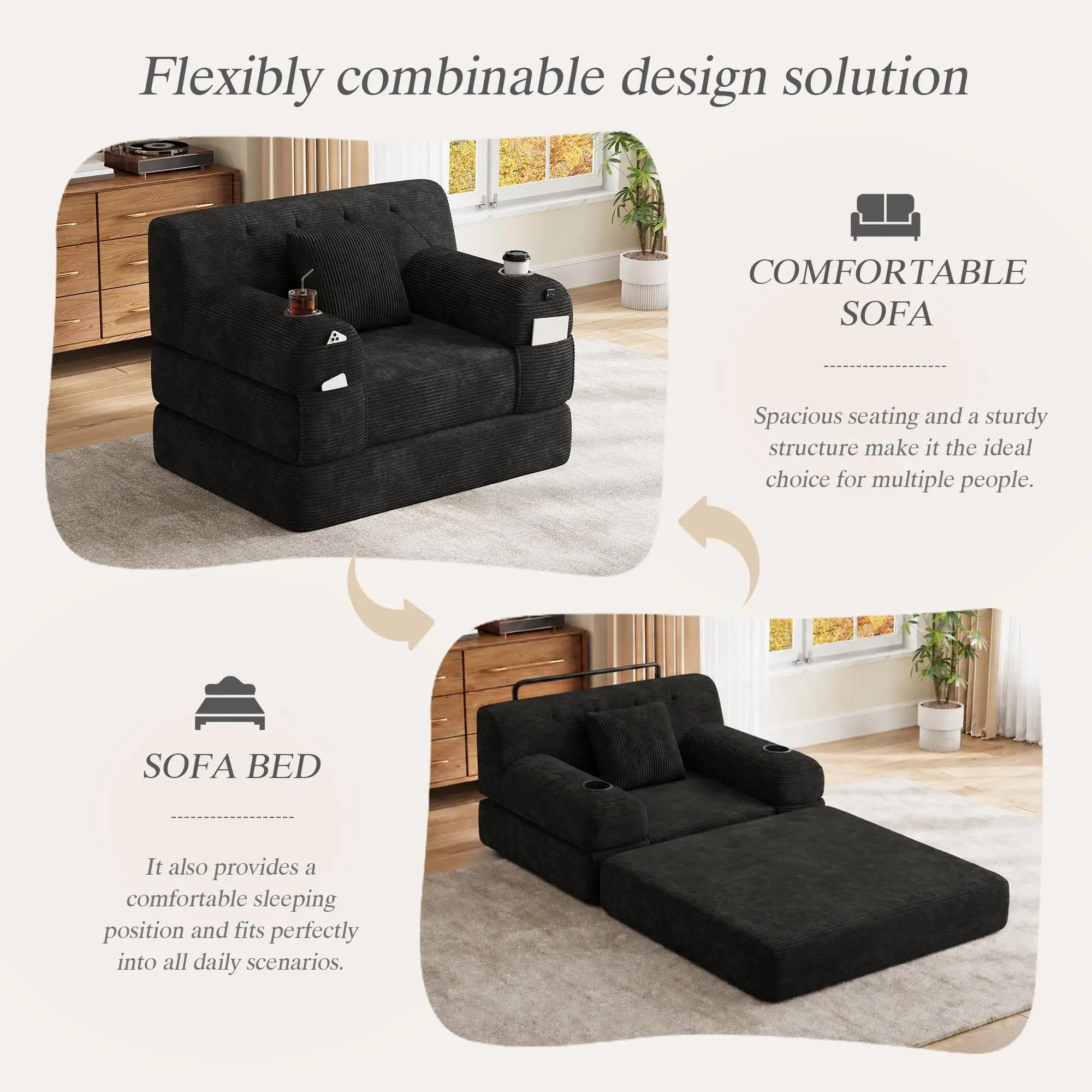 1 Seater Corduroy Sofa Bed 107 x 80 x 81cm - Black - 6