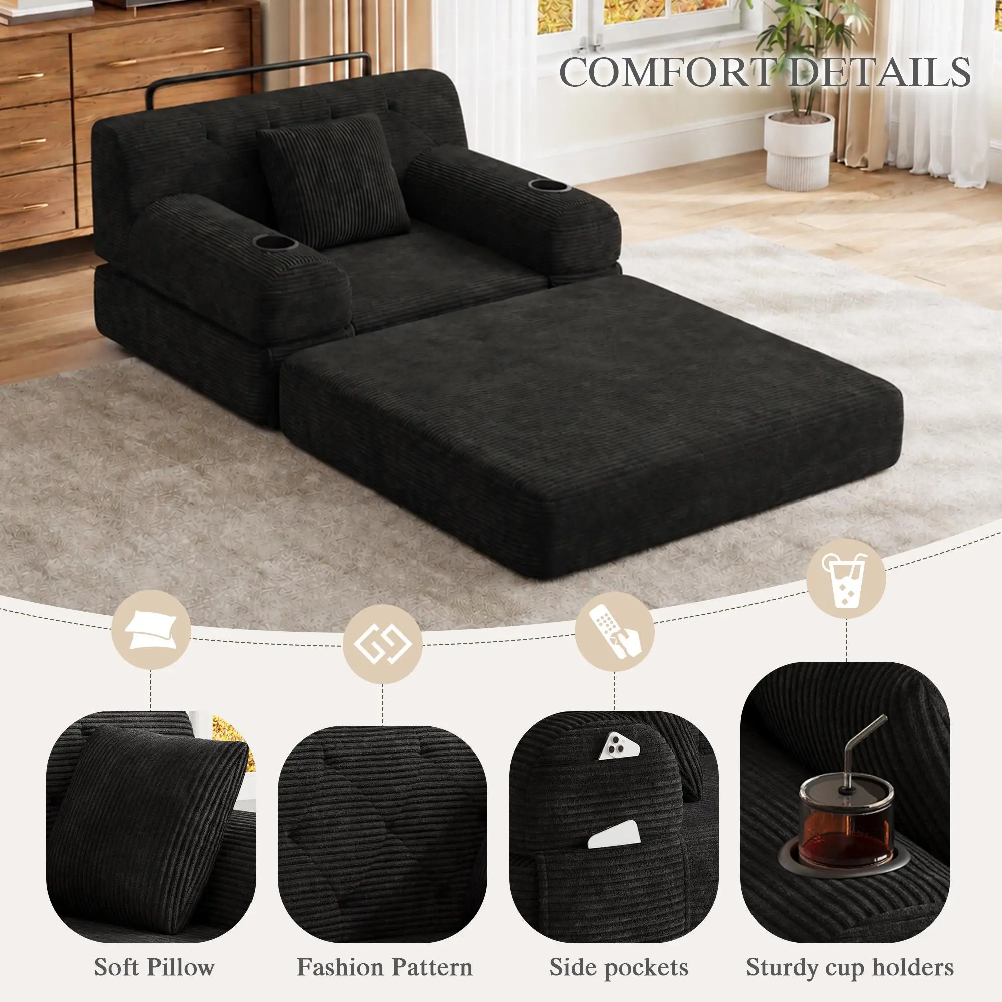 1 Seater Corduroy Sofa Bed 107 x 80 x 81cm - Black - 7