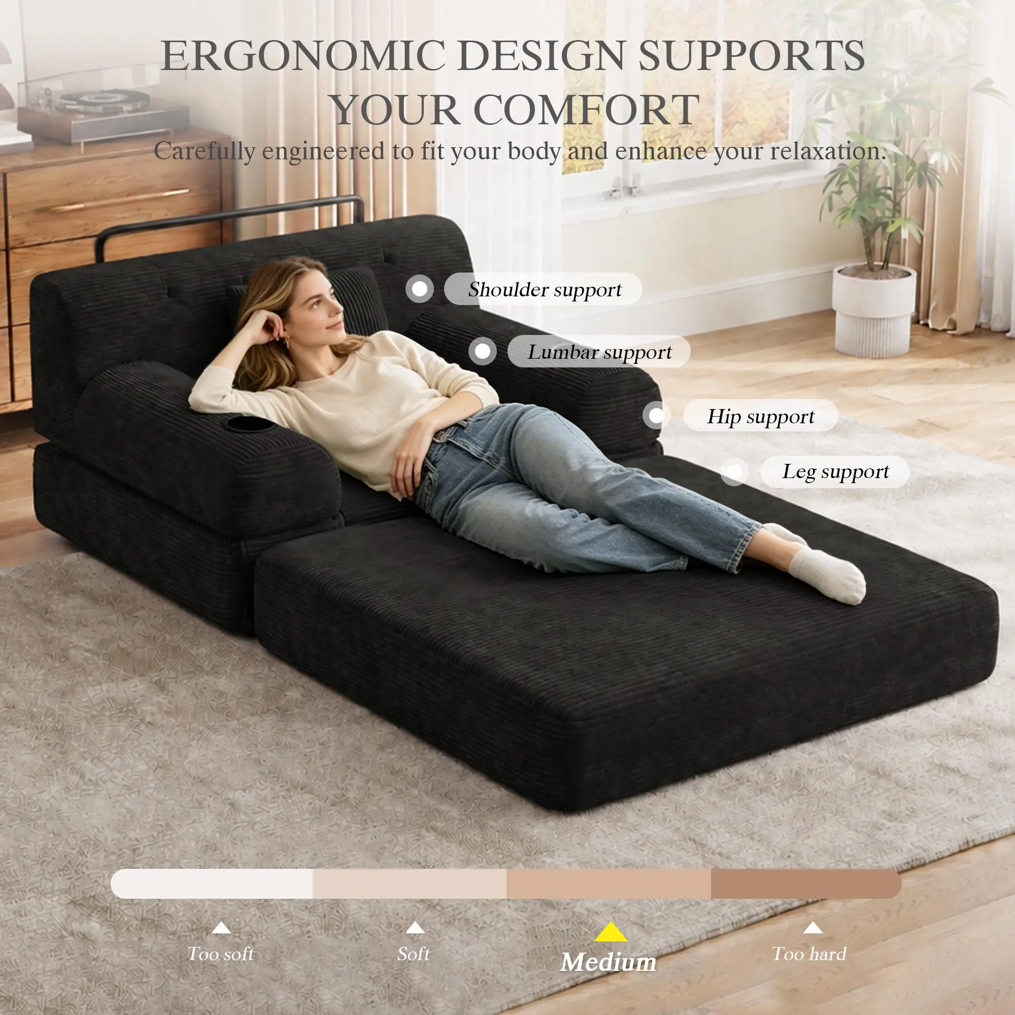 1 Seater Corduroy Sofa Bed 107 x 80 x 81cm - Black - 8