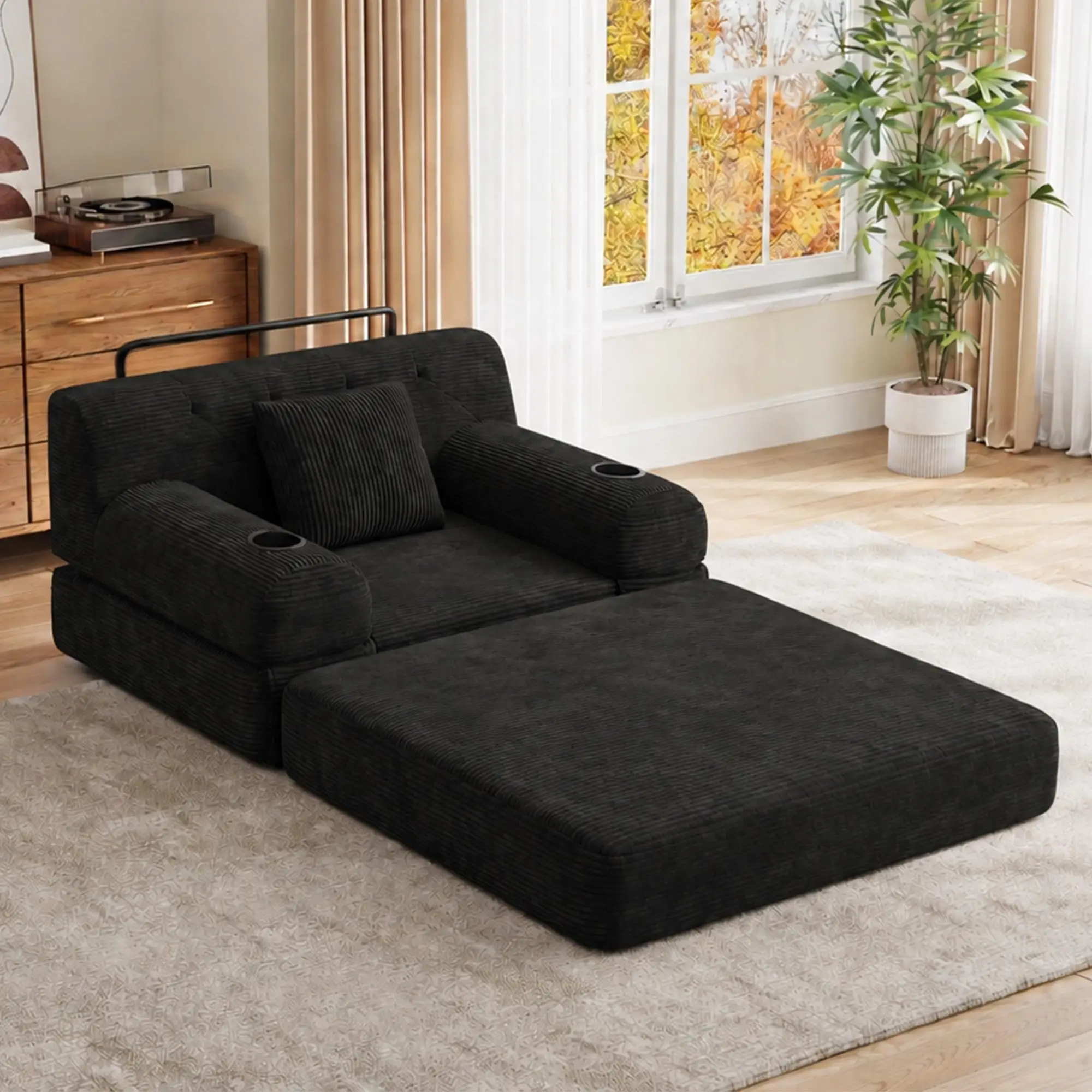 1 Seater Corduroy Sofa Bed 107 x 80 x 81cm - Black - 9