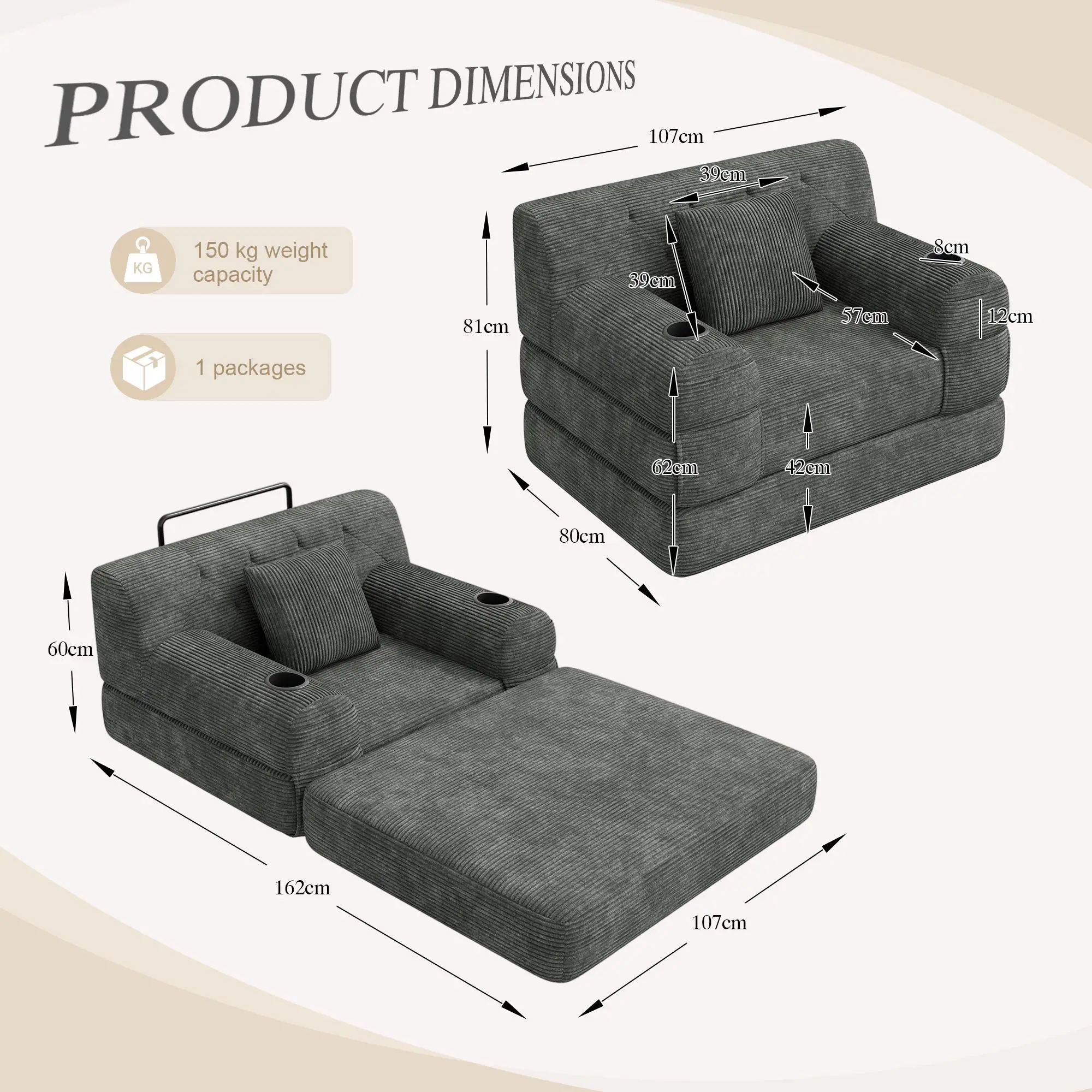 1 Seater Corduroy Sofa Bed 107 x 80 x 81cm - Dark Grey - 3