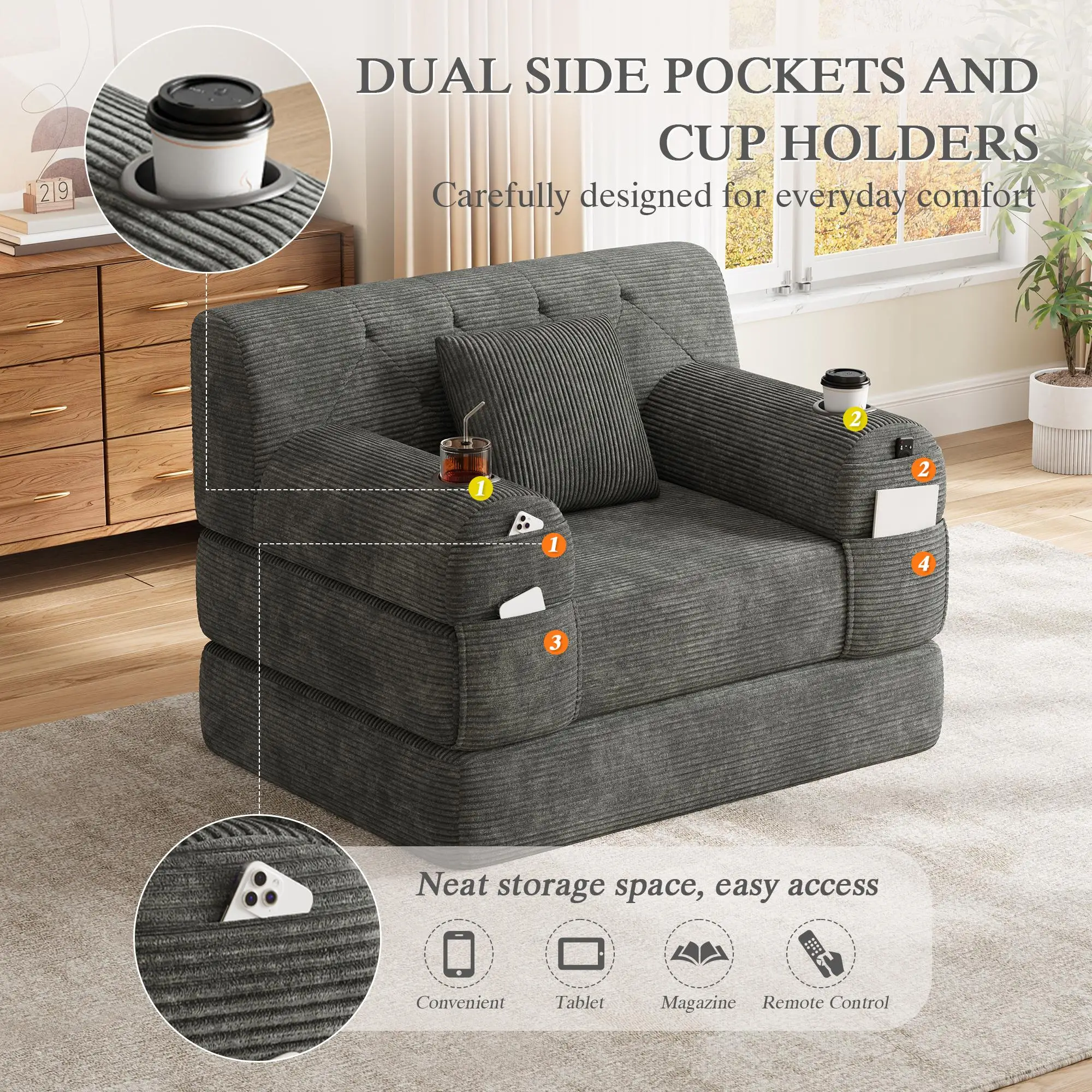 1 Seater Corduroy Sofa Bed 107 x 80 x 81cm - Dark Grey - 4