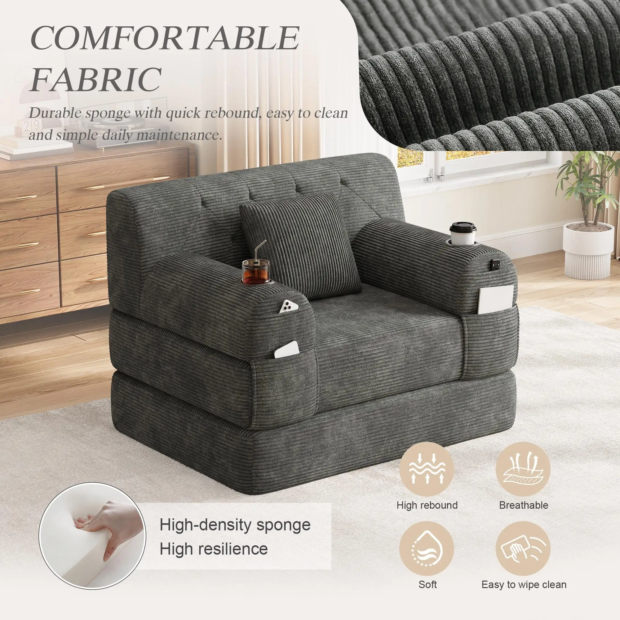 1 Seater Corduroy Sofa Bed 107 x 80 x 81cm - Dark Grey - 5