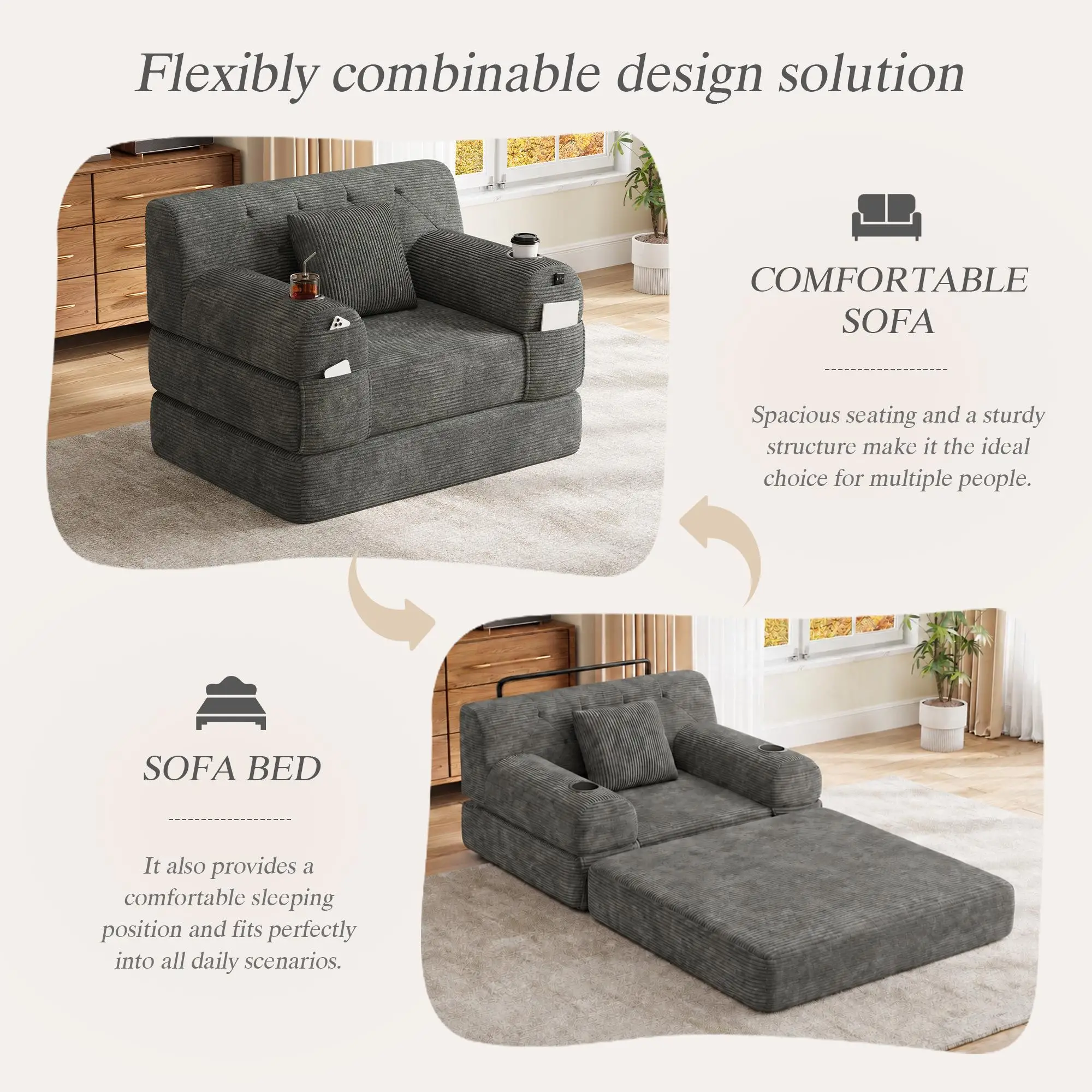 1 Seater Corduroy Sofa Bed 107 x 80 x 81cm - Dark Grey - 6