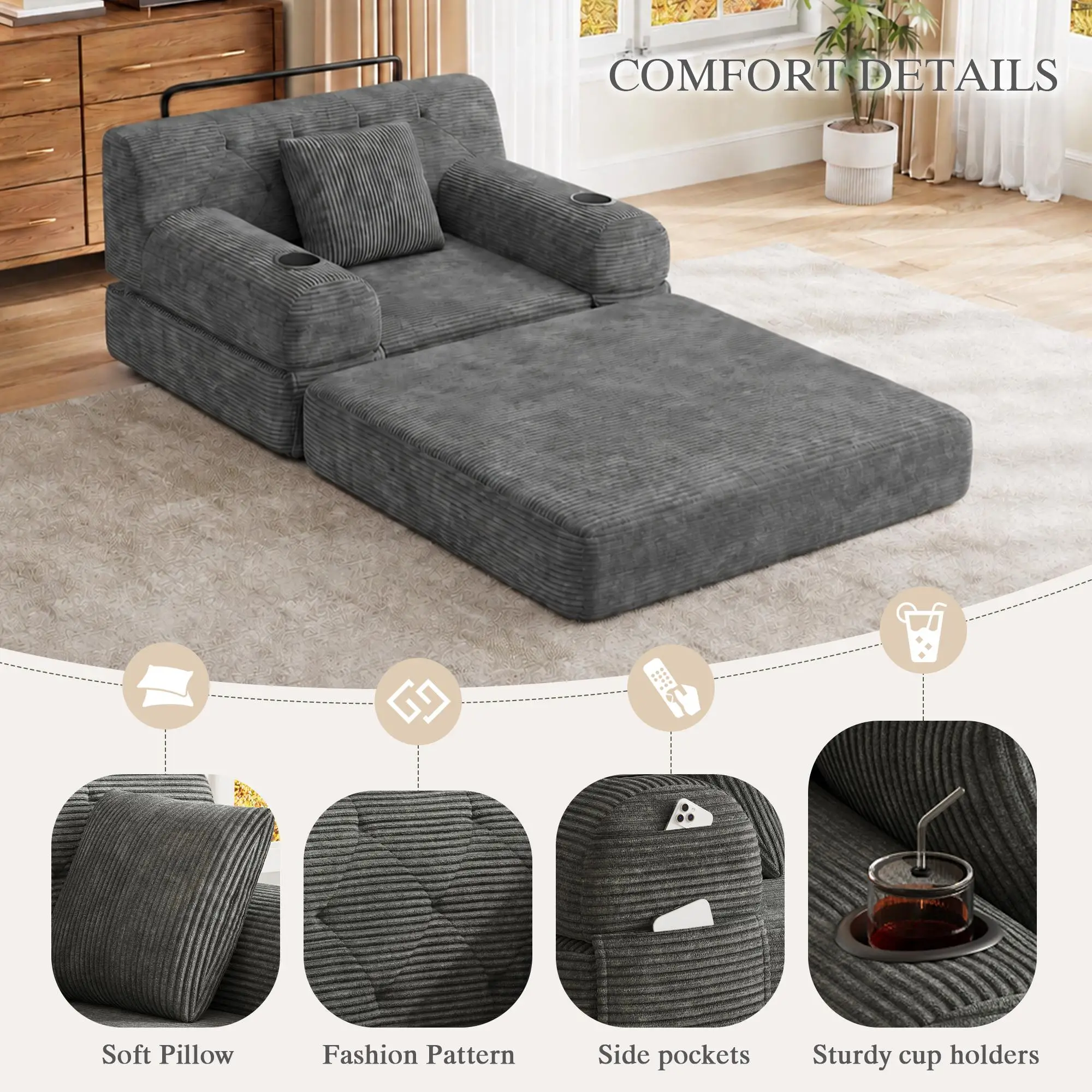 1 Seater Corduroy Sofa Bed 107 x 80 x 81cm - Dark Grey - 7