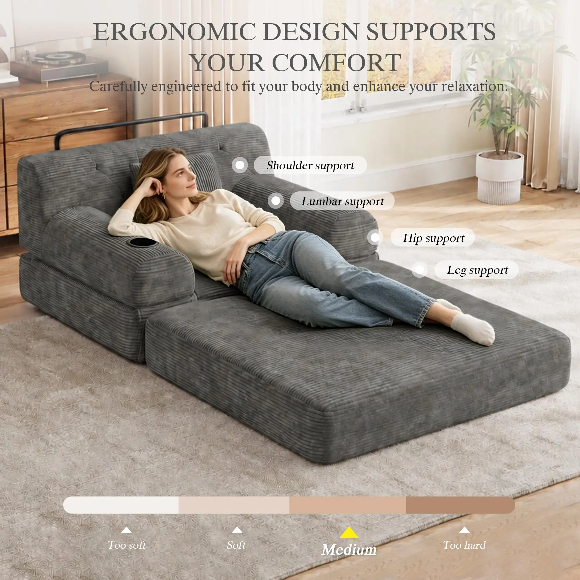 1 Seater Corduroy Sofa Bed 107 x 80 x 81cm - Dark Grey - 8