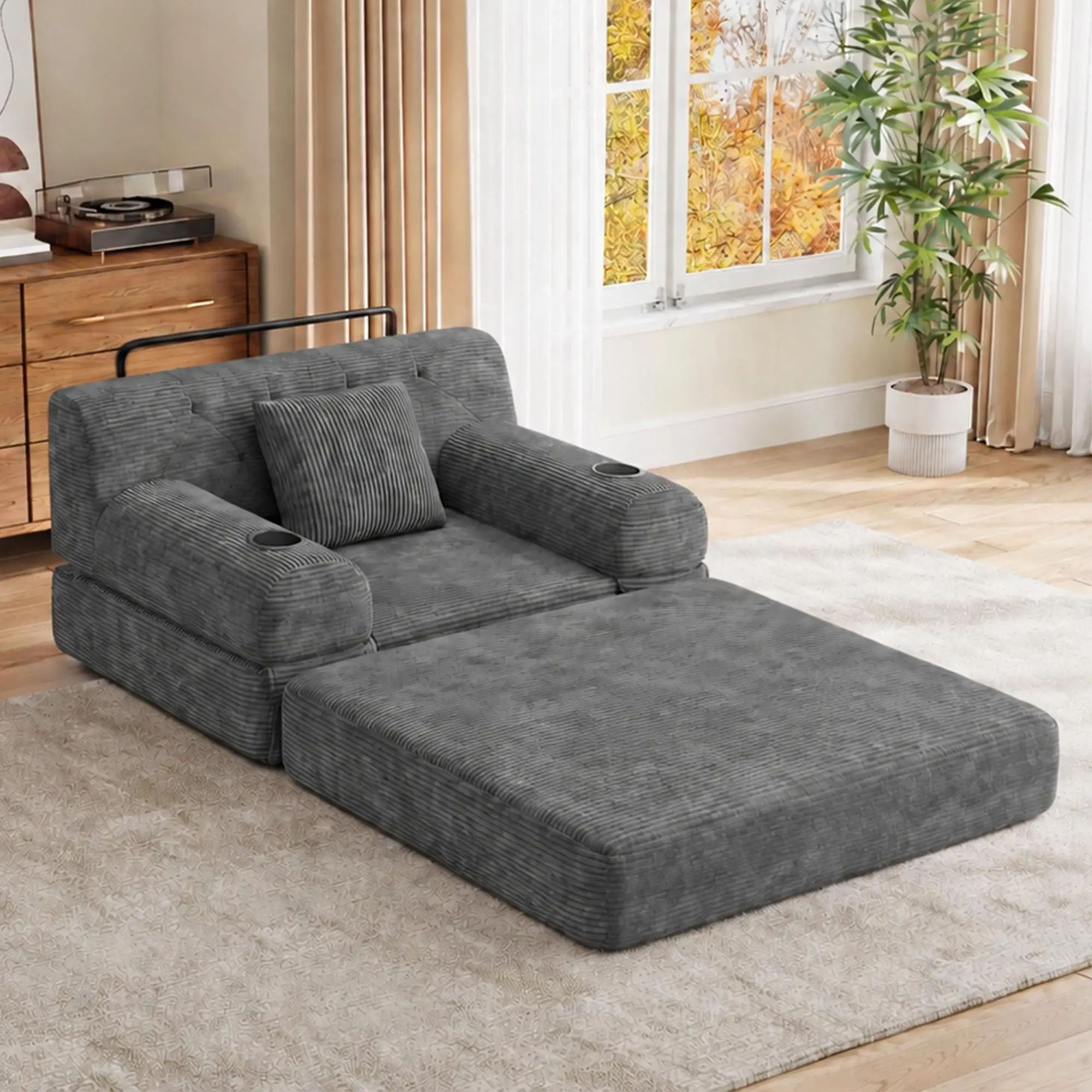 1 Seater Corduroy Sofa Bed 107 x 80 x 81cm - Dark Grey - 9