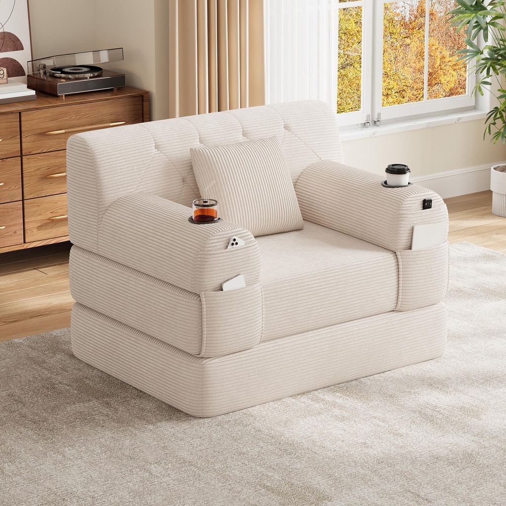 1 Seater Corduroy Sofa Bed 107 x 80 x 81cm - Beige - 1