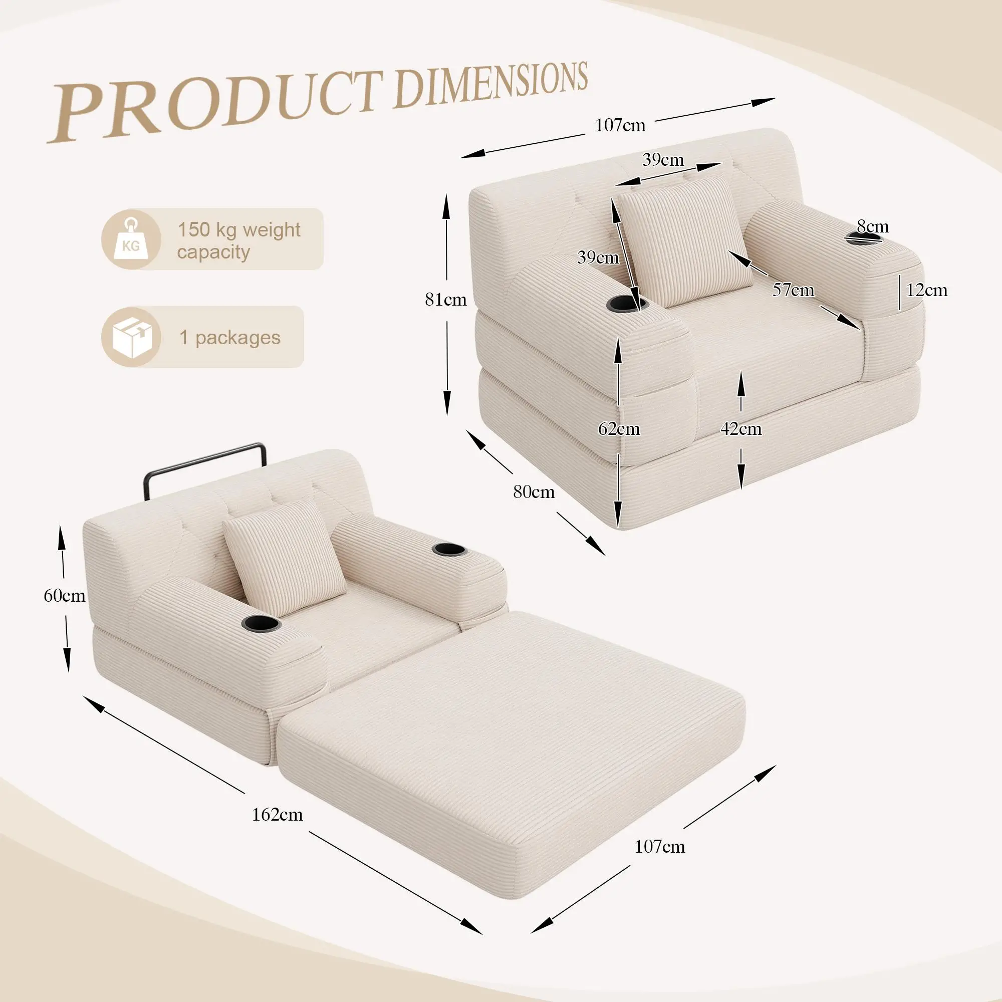 1 Seater Corduroy Sofa Bed 107 x 80 x 81cm - Beige - 3