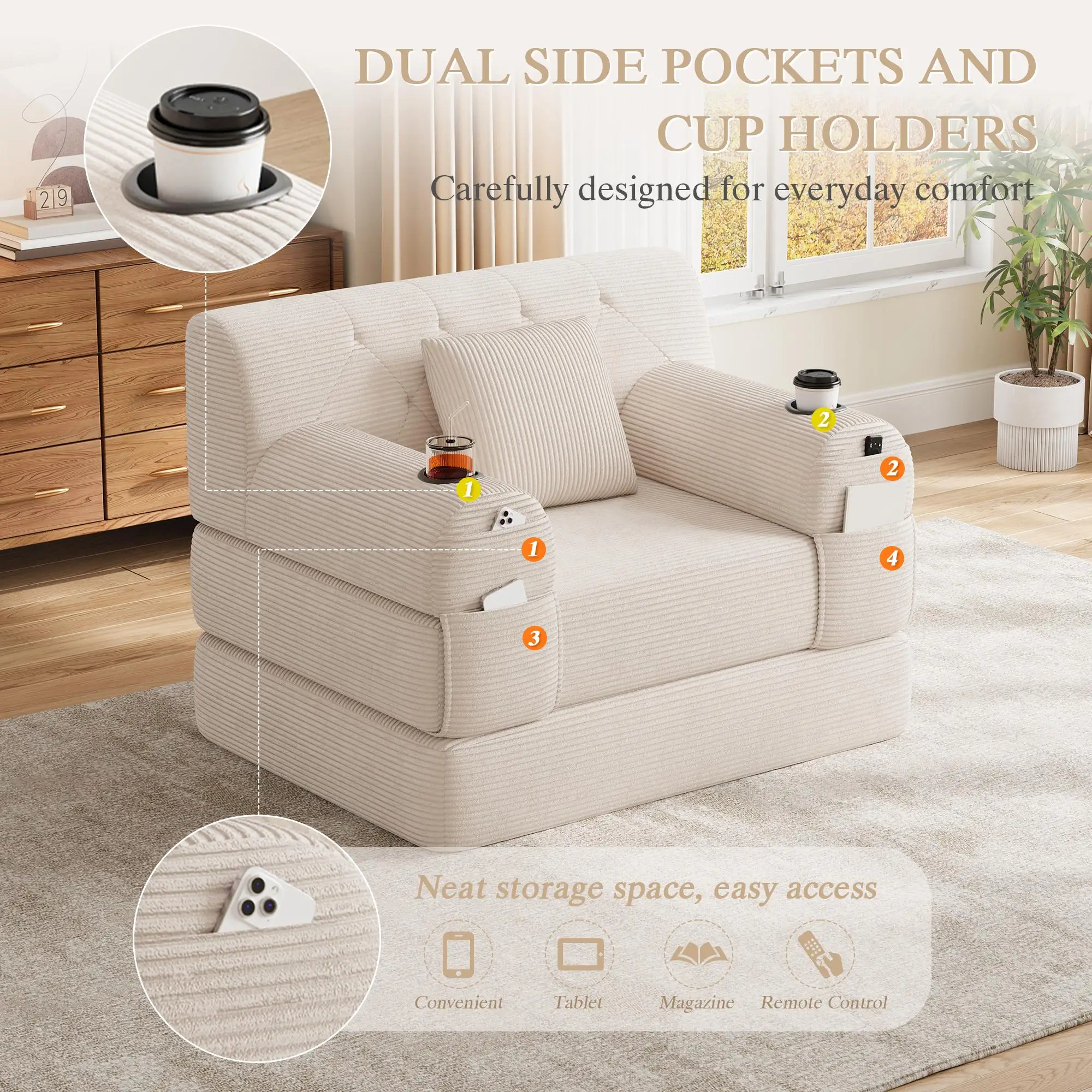 1 Seater Corduroy Sofa Bed 107 x 80 x 81cm - Beige - 4