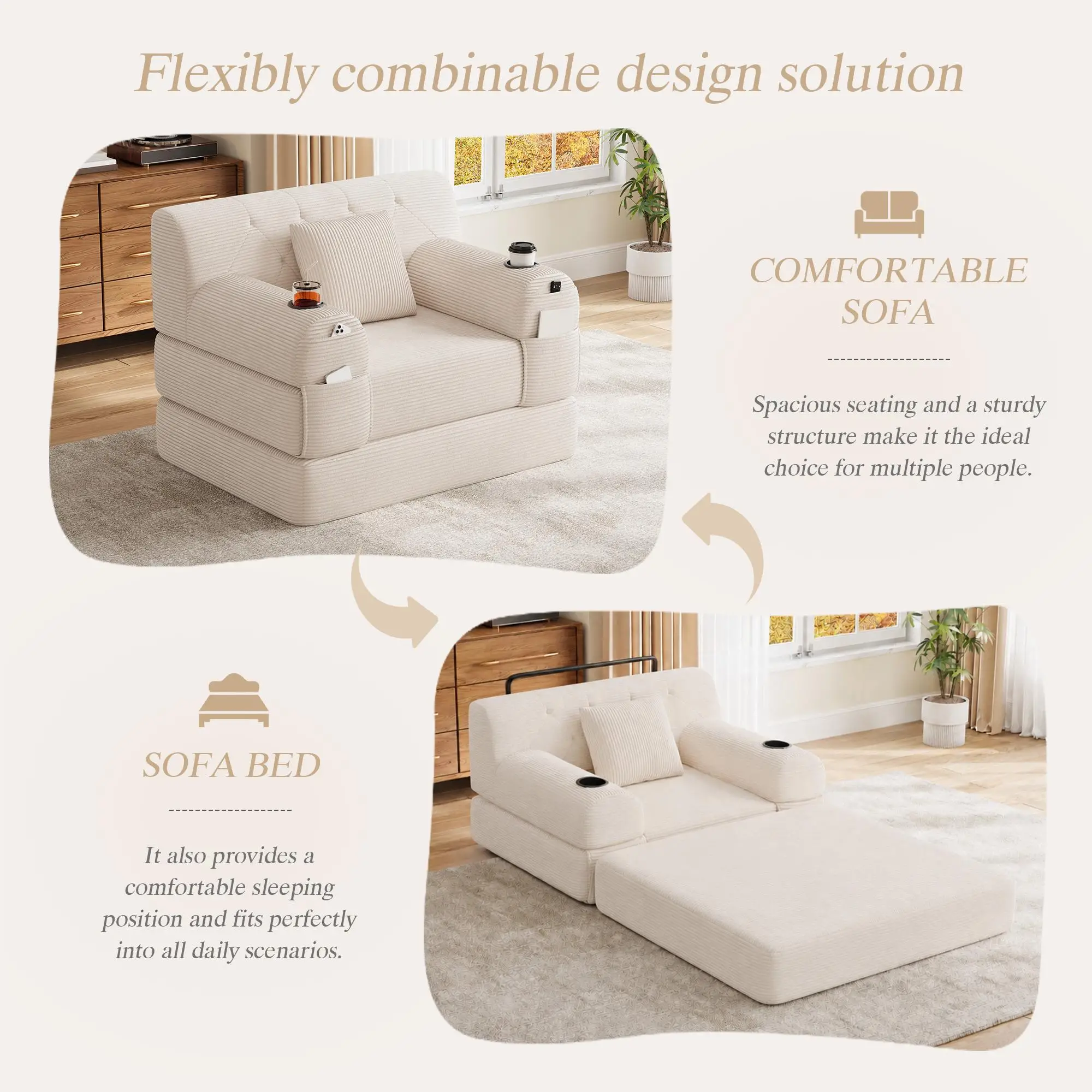 1 Seater Corduroy Sofa Bed 107 x 80 x 81cm - Beige - 5