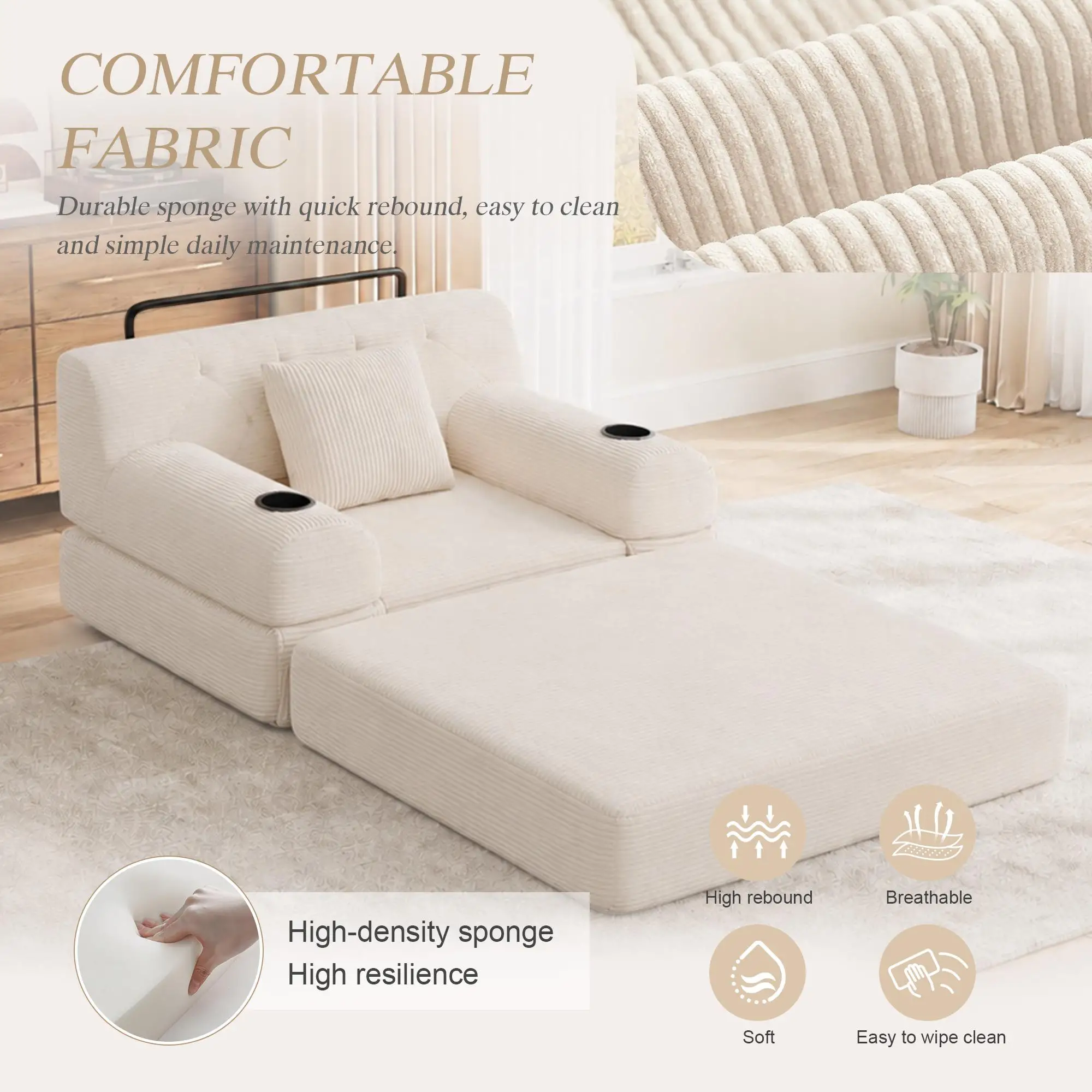 1 Seater Corduroy Sofa Bed 107 x 80 x 81cm - Beige - 6