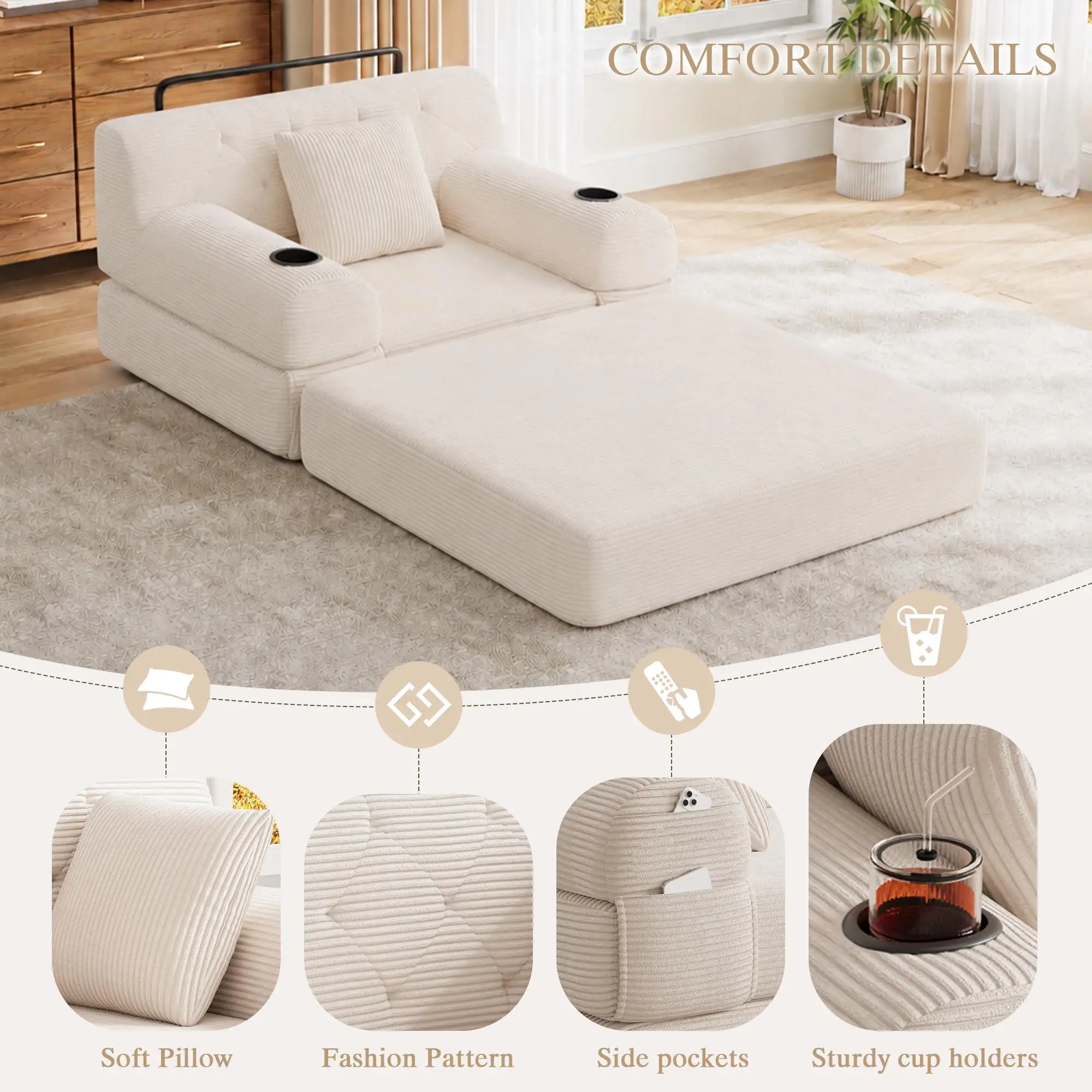 1 Seater Corduroy Sofa Bed 107 x 80 x 81cm - Beige - 7