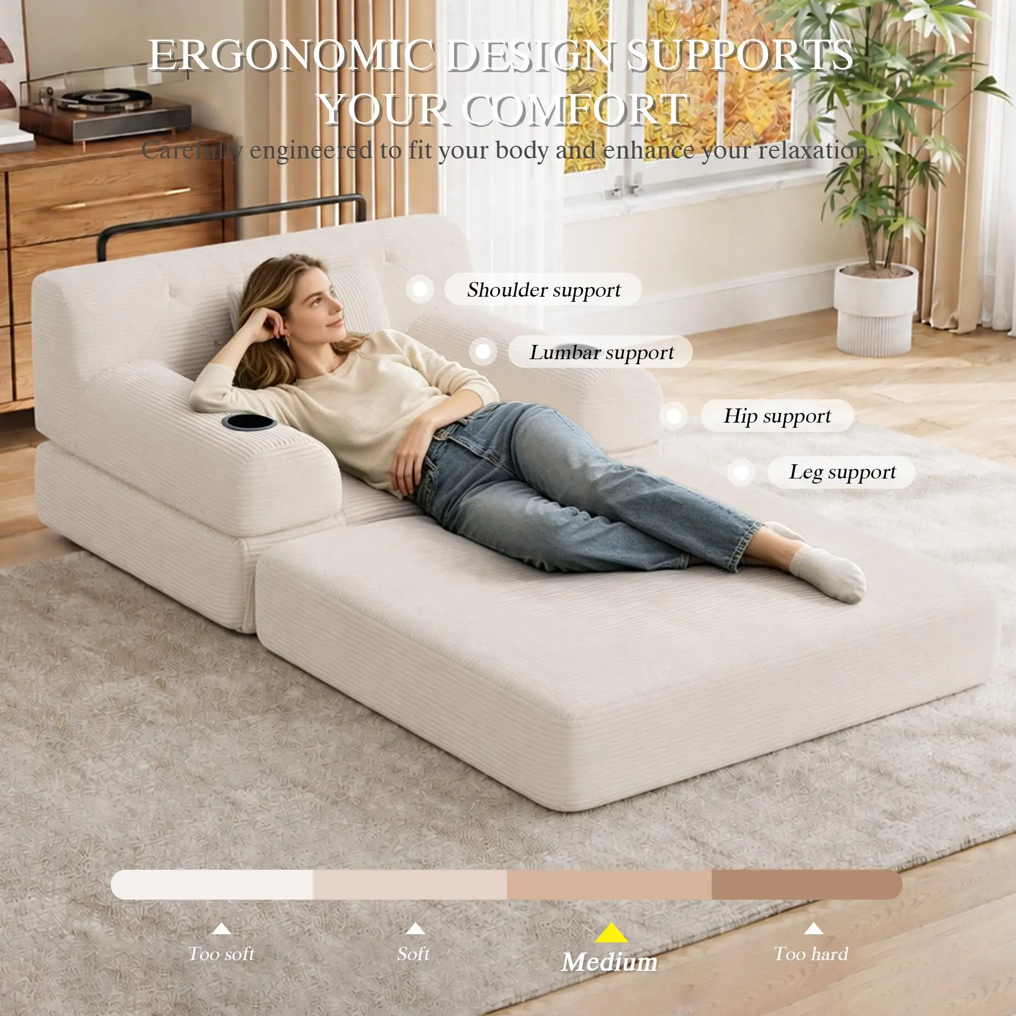 1 Seater Corduroy Sofa Bed 107 x 80 x 81cm - Beige - 8