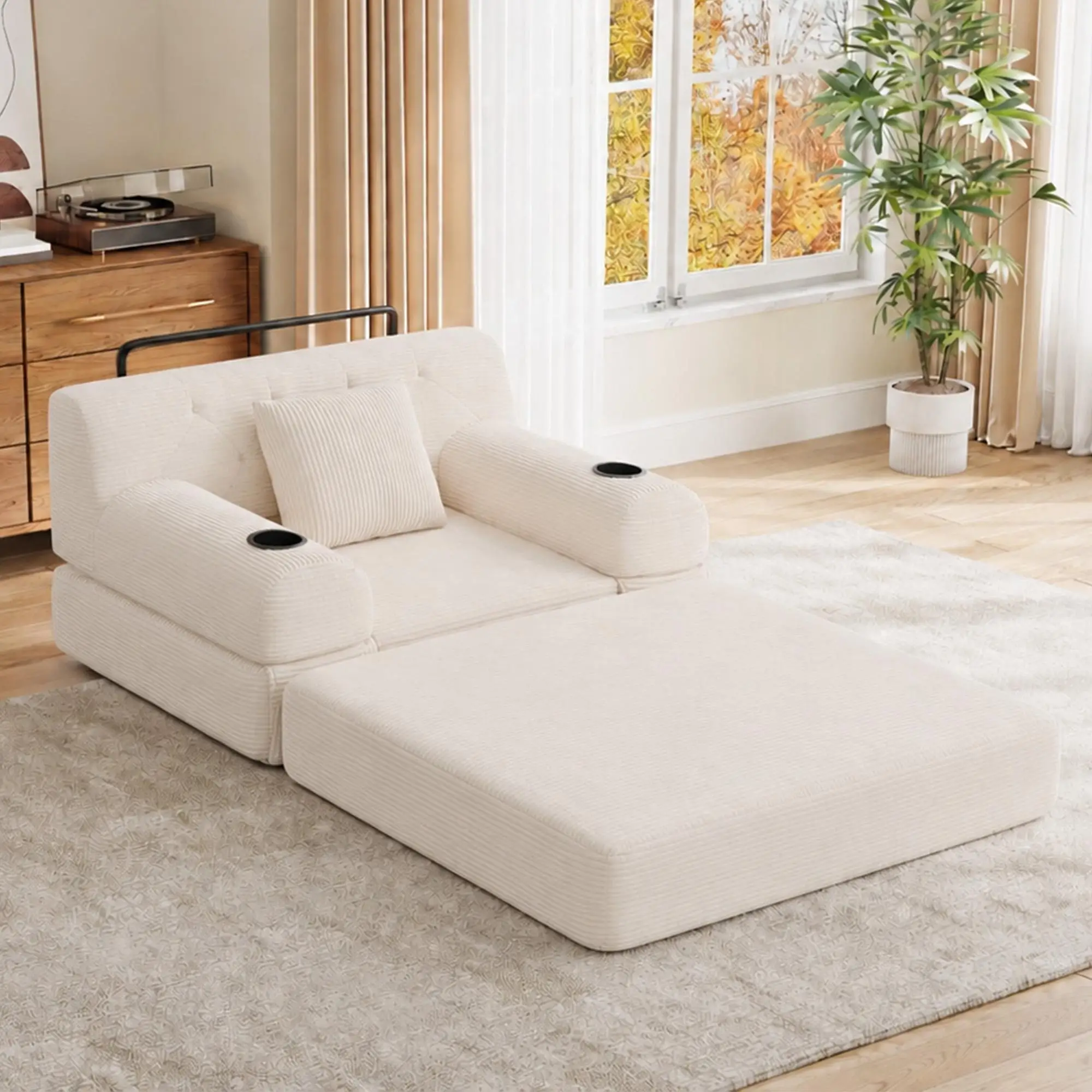 1 Seater Corduroy Sofa Bed 107 x 80 x 81cm - Beige - 9