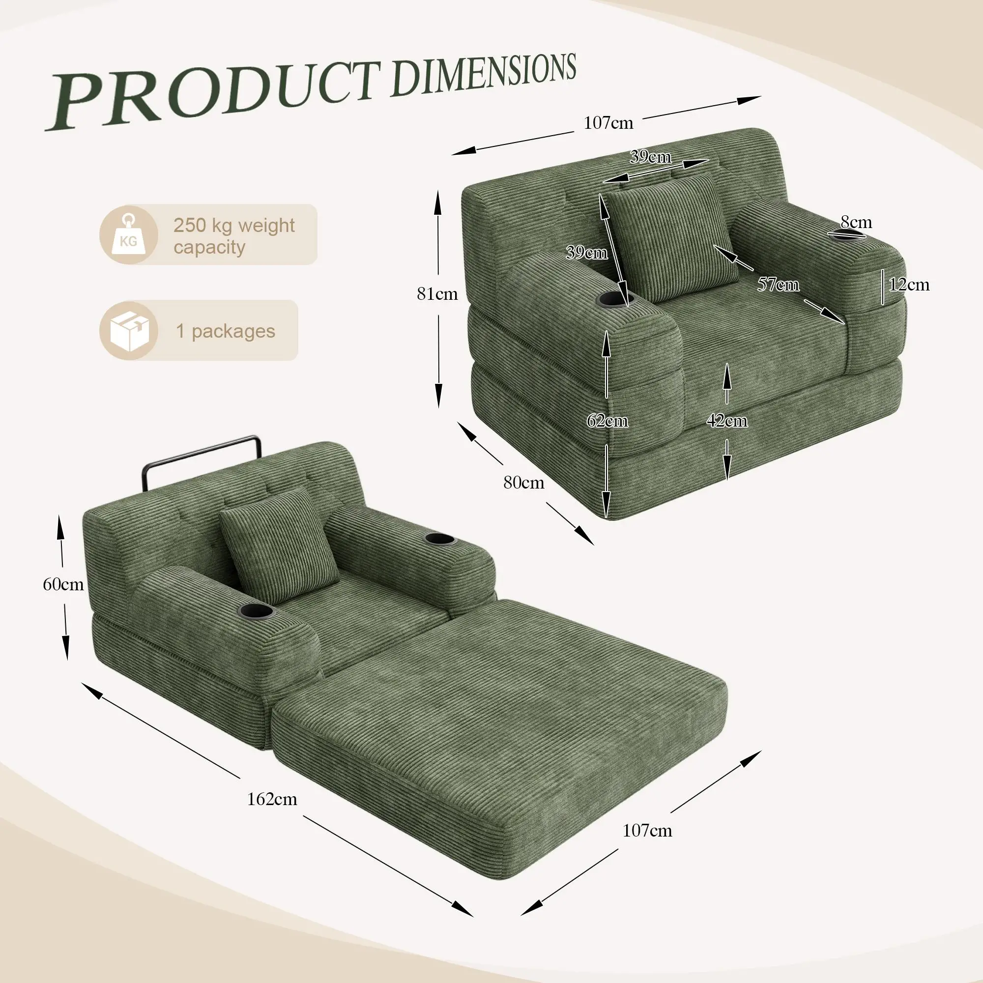 1 Seater Corduroy Sofa Bed 107 x 80 x 81cm - Green - 3