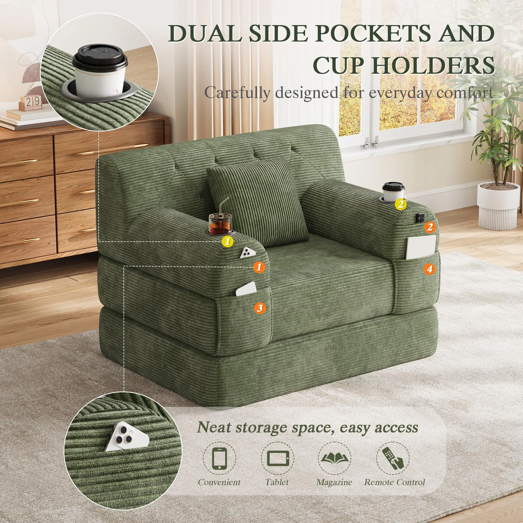 1 Seater Corduroy Sofa Bed 107 x 80 x 81cm - Green - 4