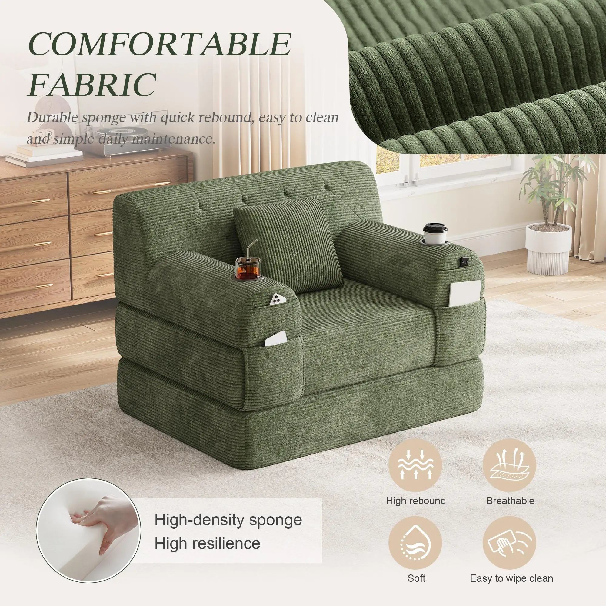1 Seater Corduroy Sofa Bed 107 x 80 x 81cm - Green - 5