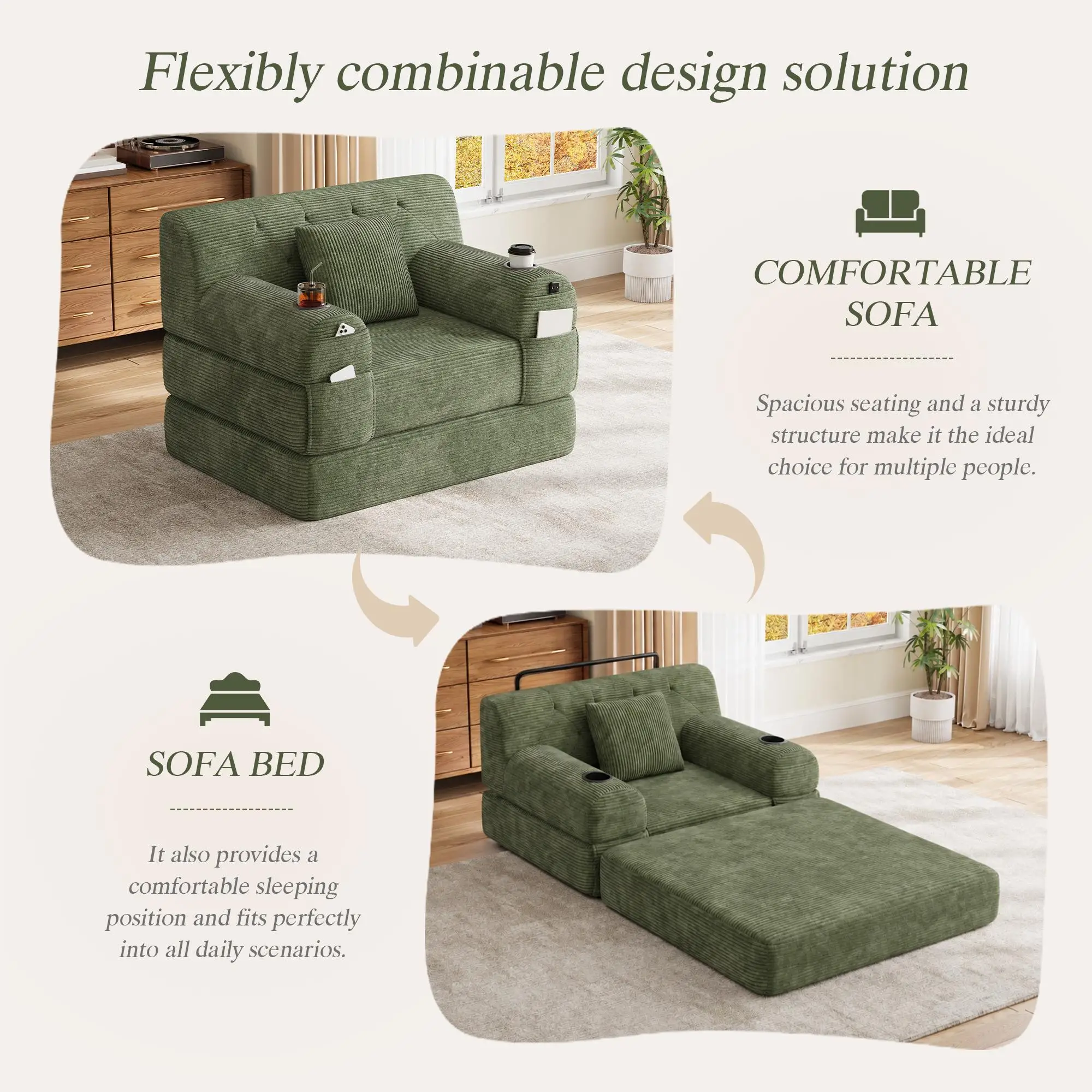 1 Seater Corduroy Sofa Bed 107 x 80 x 81cm - Green - 6