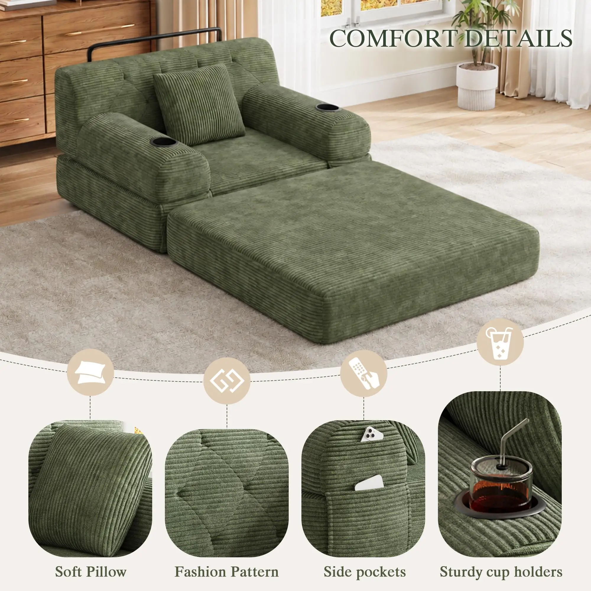 1 Seater Corduroy Sofa Bed 107 x 80 x 81cm - Green - 7