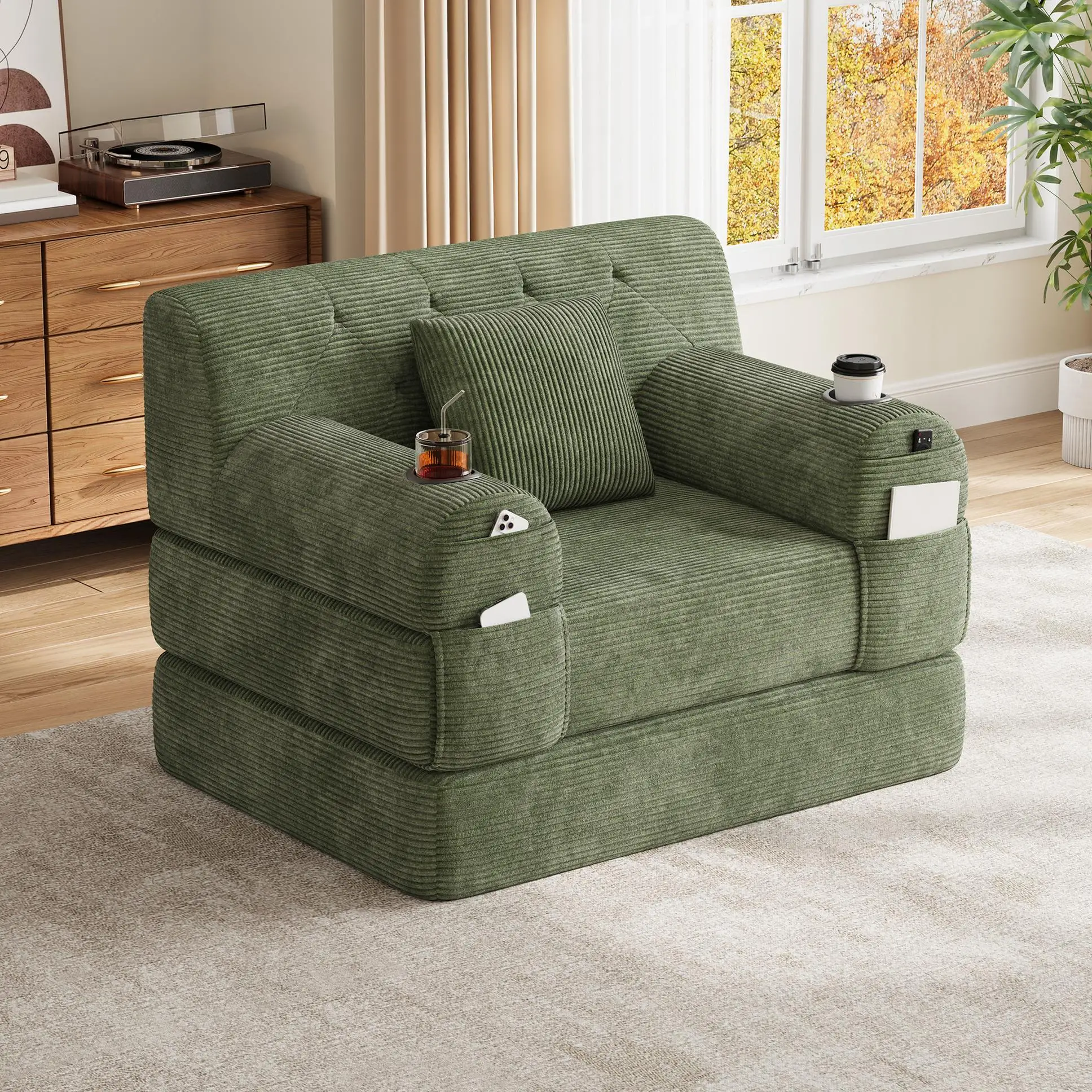 1 Seater Corduroy Sofa Bed 107 x 80 x 81cm - Green - 8