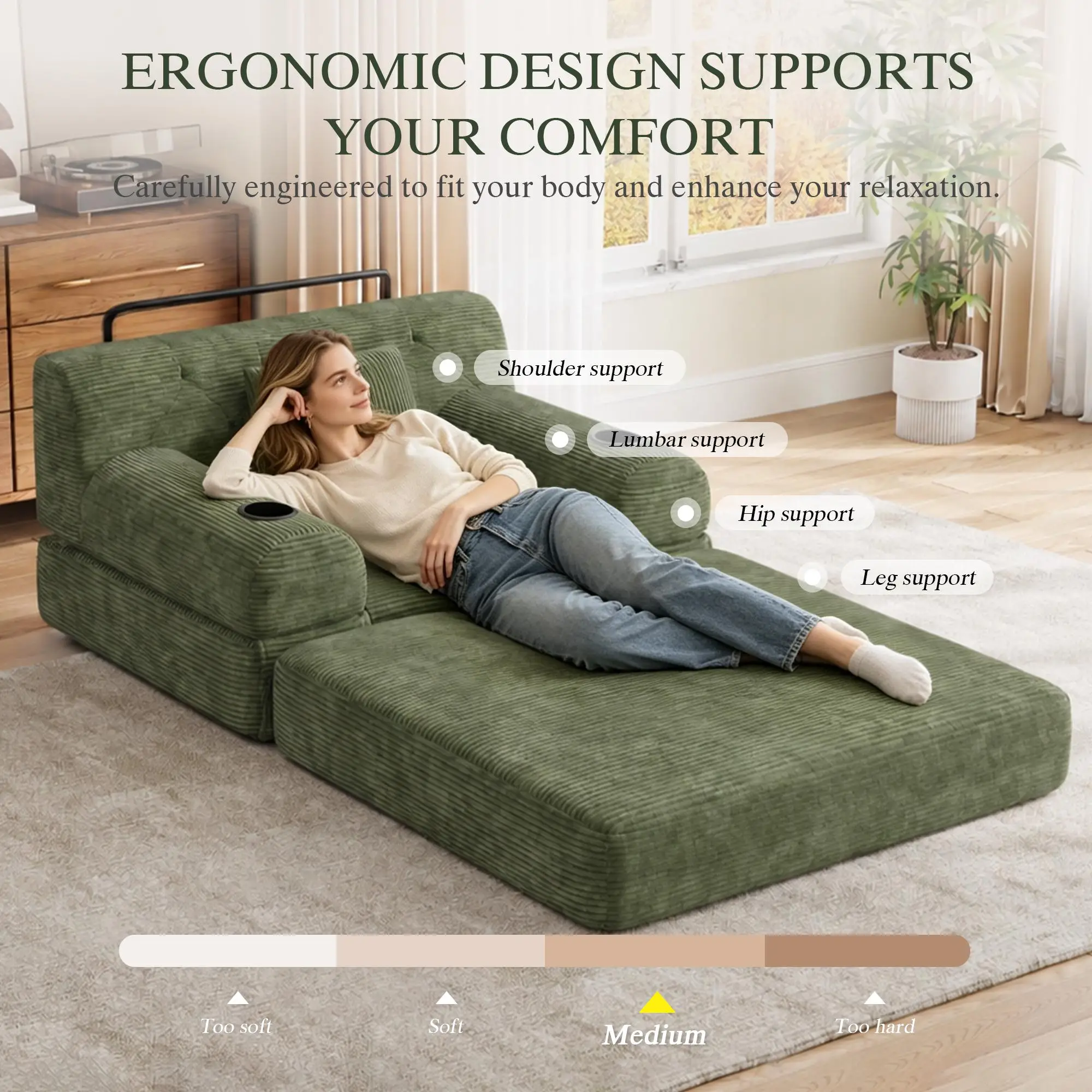 1 Seater Corduroy Sofa Bed 107 x 80 x 81cm - Green - 9