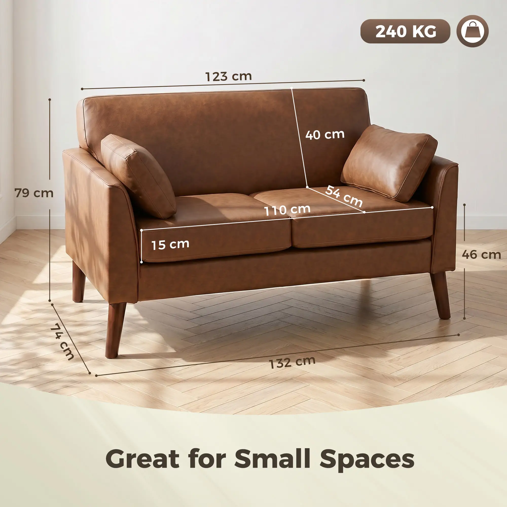 2 Seater Faux Leather Sofa 132 x 74 x 79cm - Brown - 3