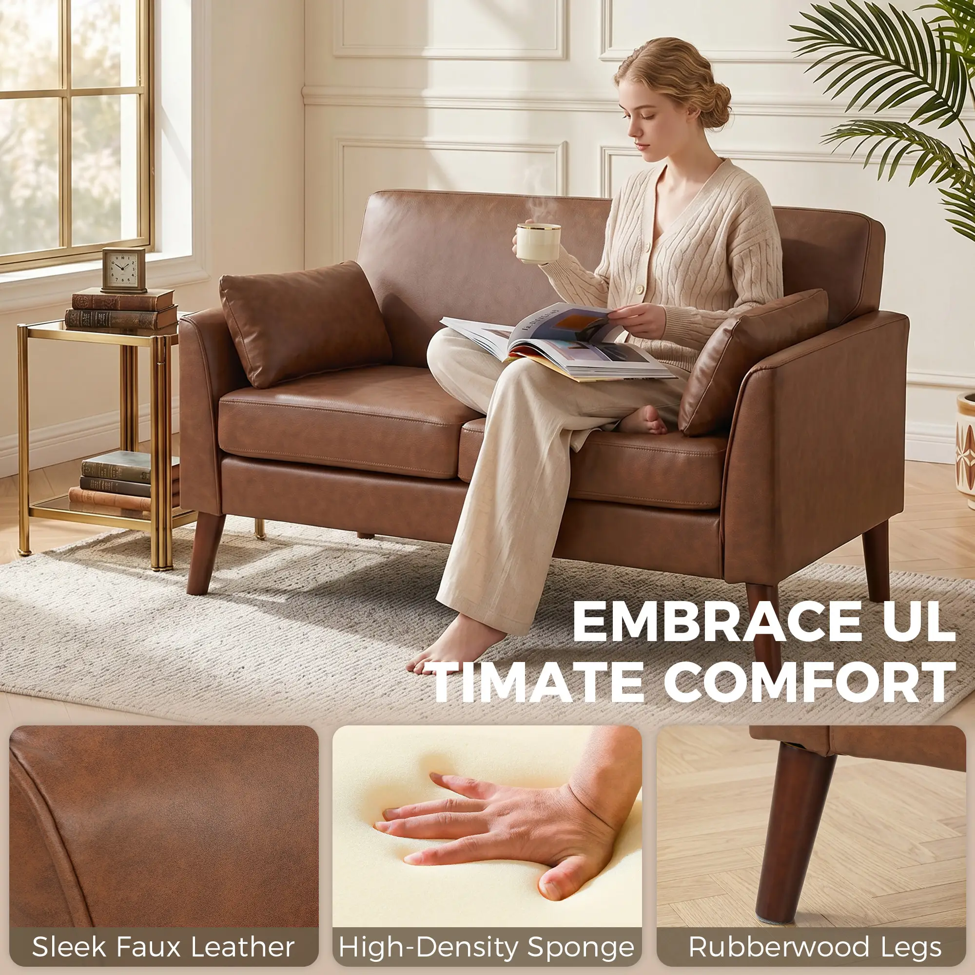 2 Seater Faux Leather Sofa 132 x 74 x 79cm - Brown - 4
