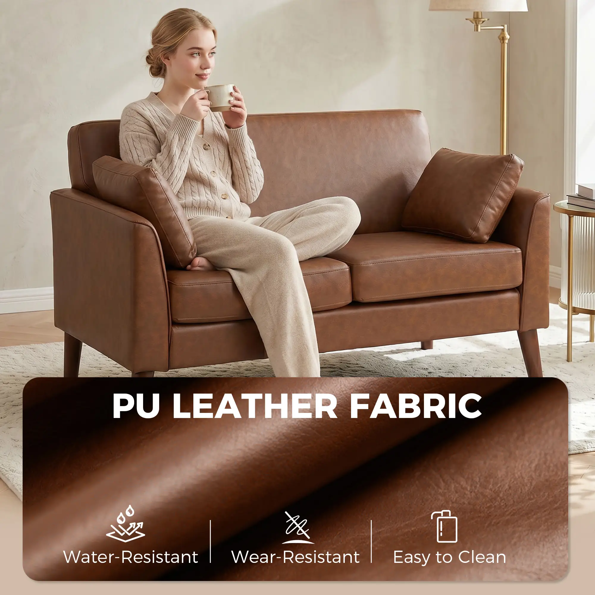 2 Seater Faux Leather Sofa 132 x 74 x 79cm - Brown - 5