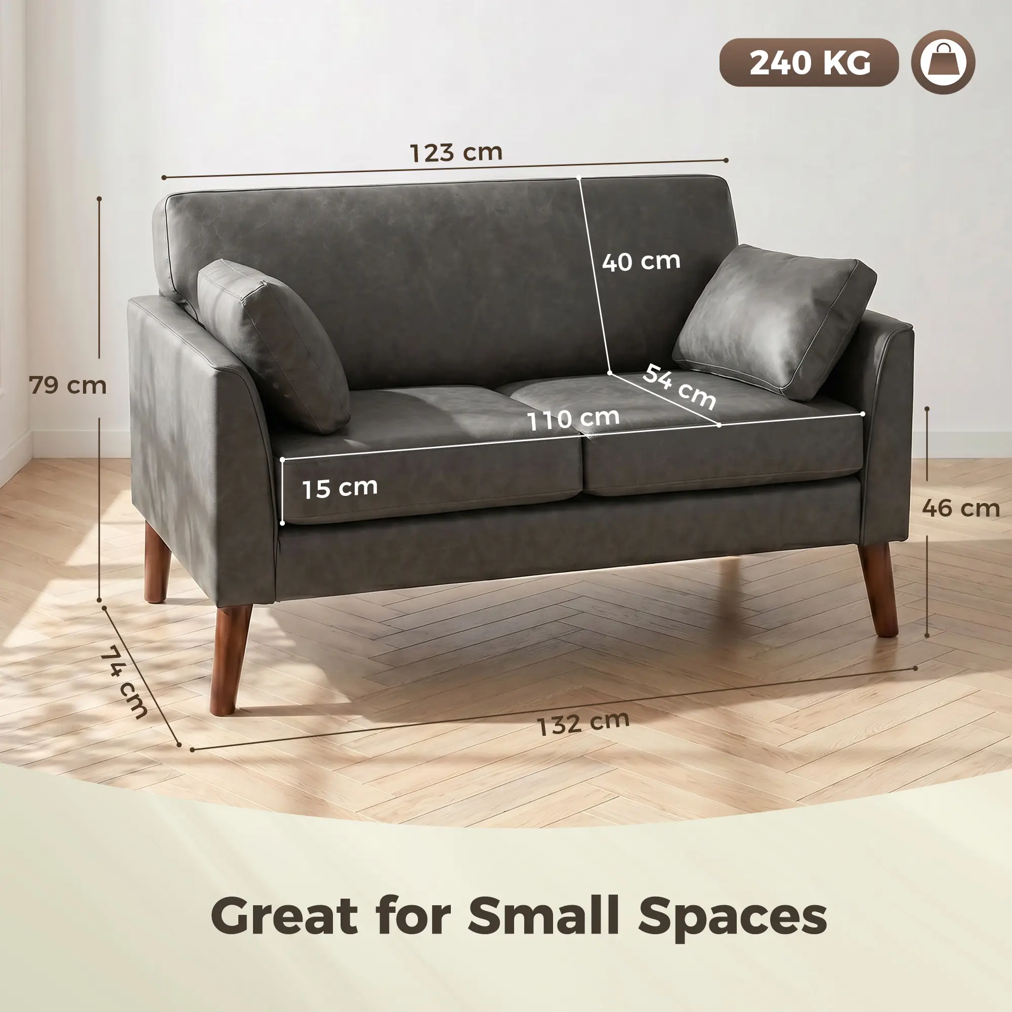 2 Seater Faux Leather Sofa 132 x 74 x 79cm - Grey - 3
