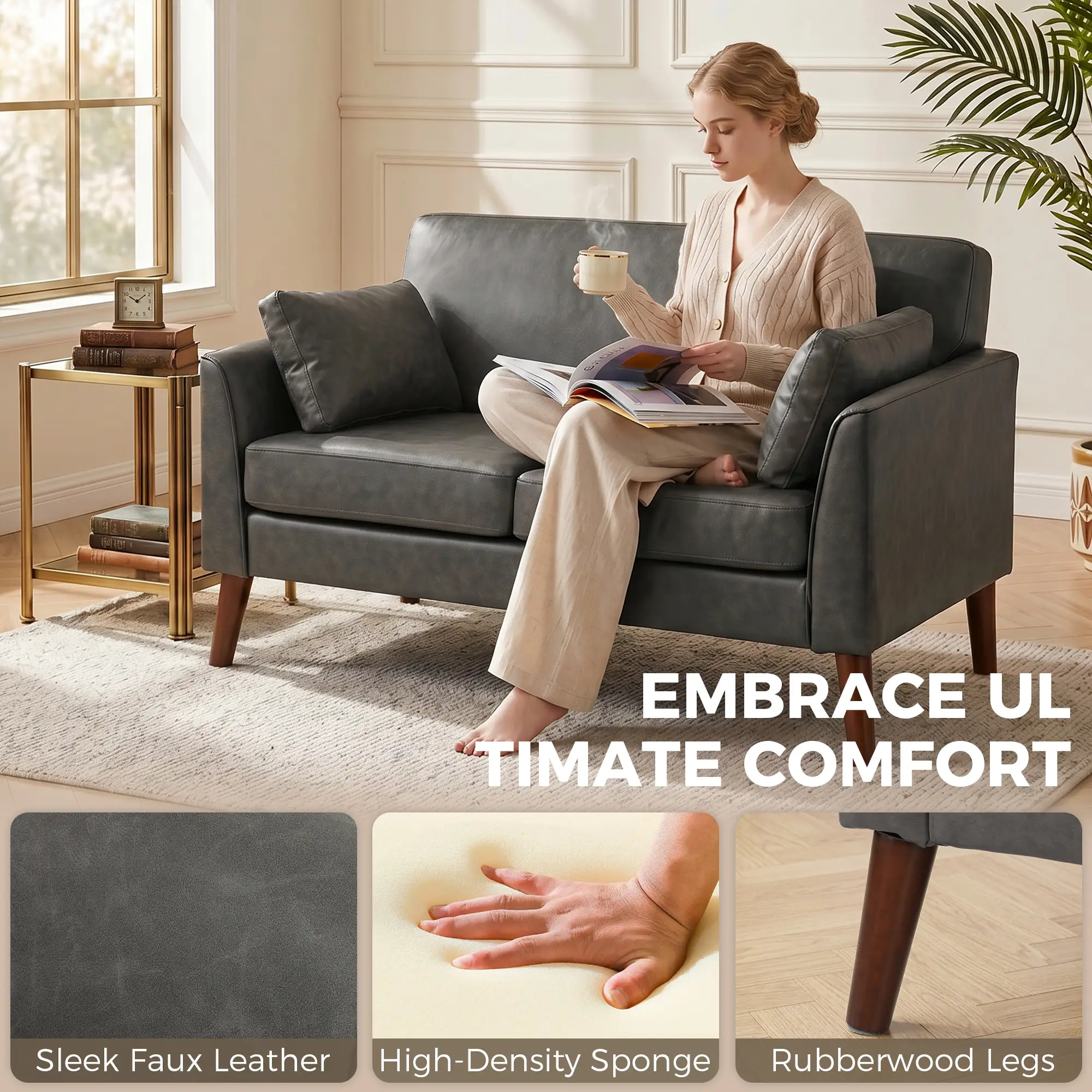 2 Seater Faux Leather Sofa 132 x 74 x 79cm - Grey - 4