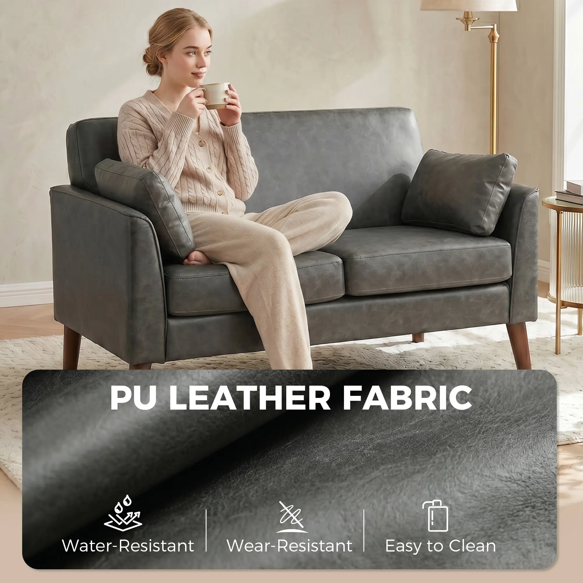 2 Seater Faux Leather Sofa 132 x 74 x 79cm - Grey - 5