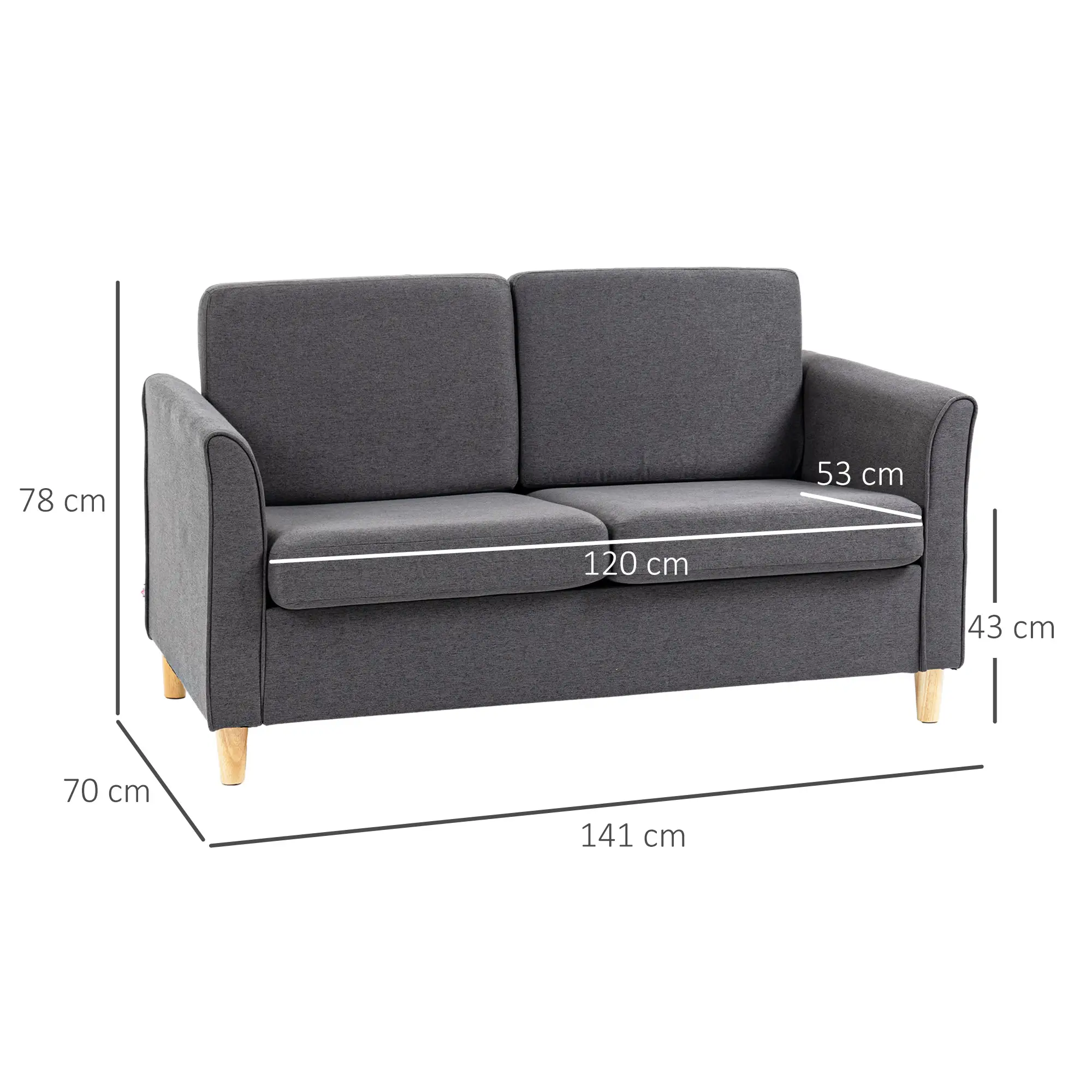 2 Seater Linen Sofa 141 x 70 x 78cm - Dark Grey - 3