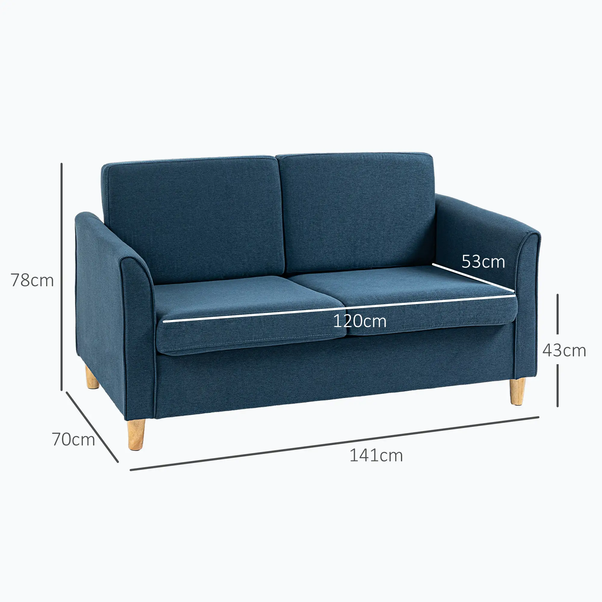 2 Seater Linen Sofa 141 x 70 x 78cm - Blue - 3