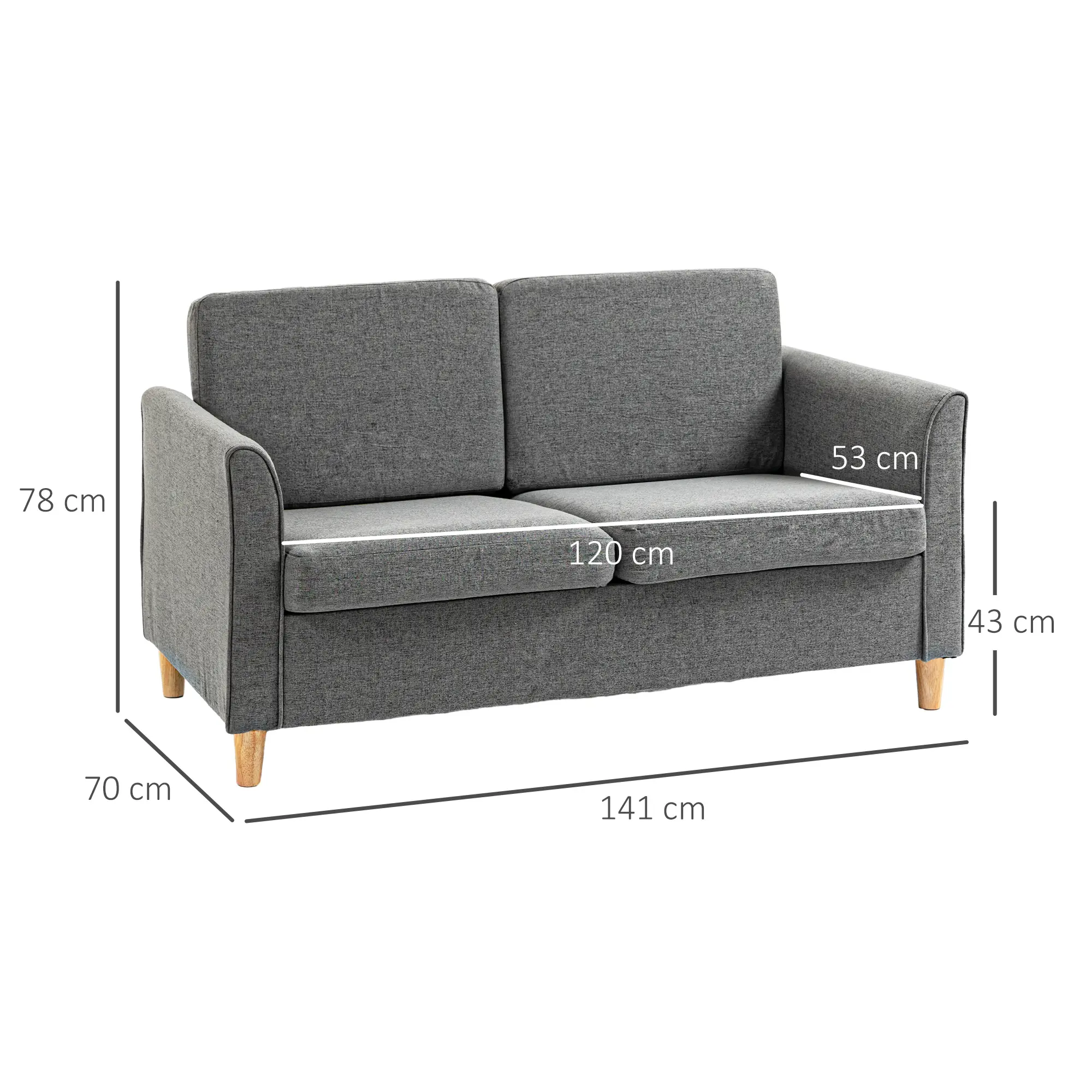 2 Seater Linen Sofa 141 x 70 x 78cm - Grey - 3