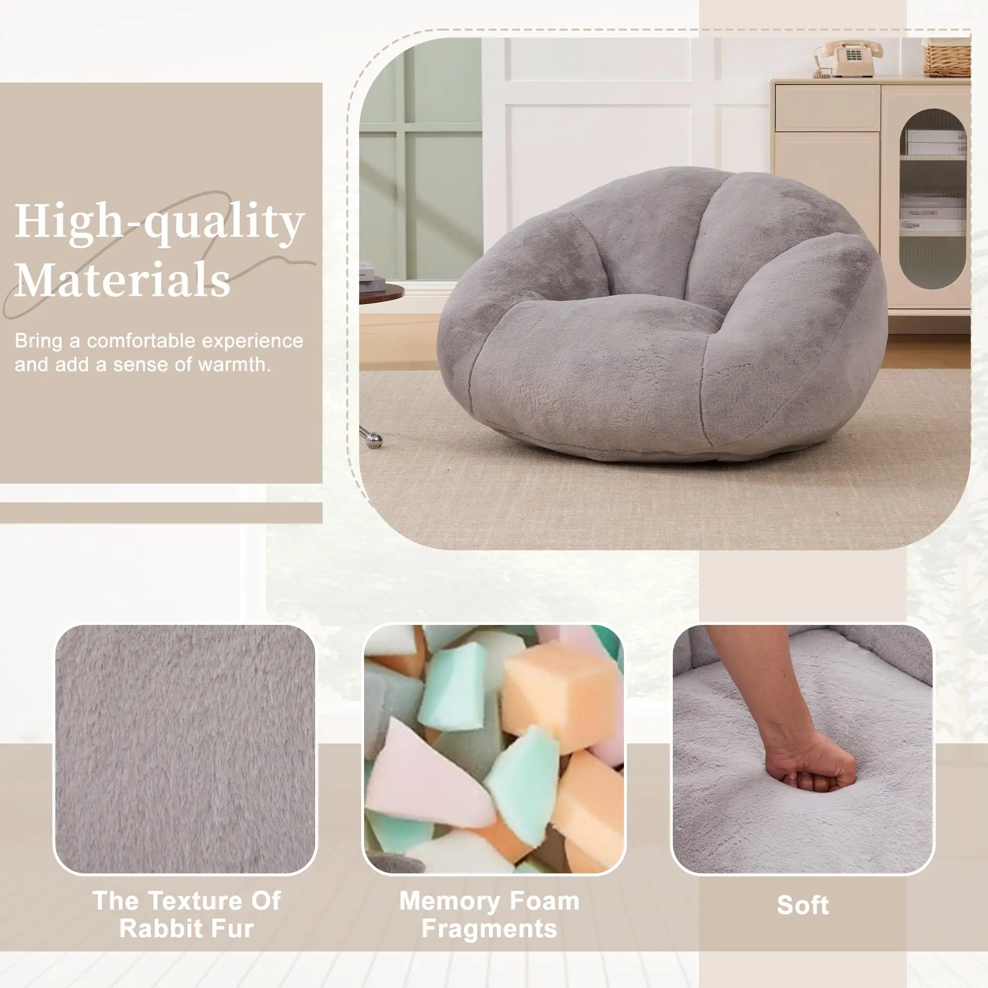 Corner Faux Fur Armchair 100 x 90 x 57cm - Light Grey - 8