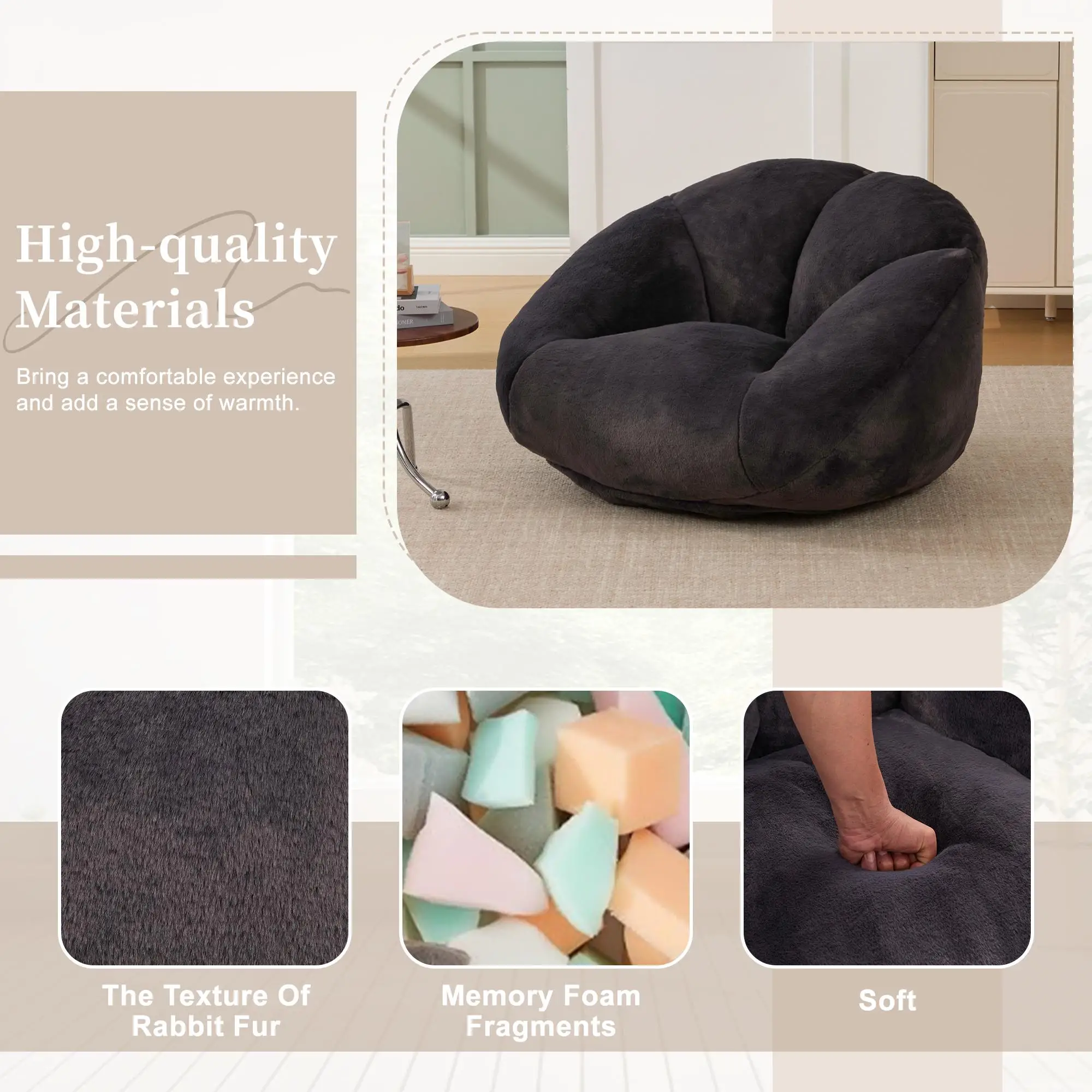 Corner Faux Fur Armchair 100 x 90 x 57cm - Carbon Black - 5