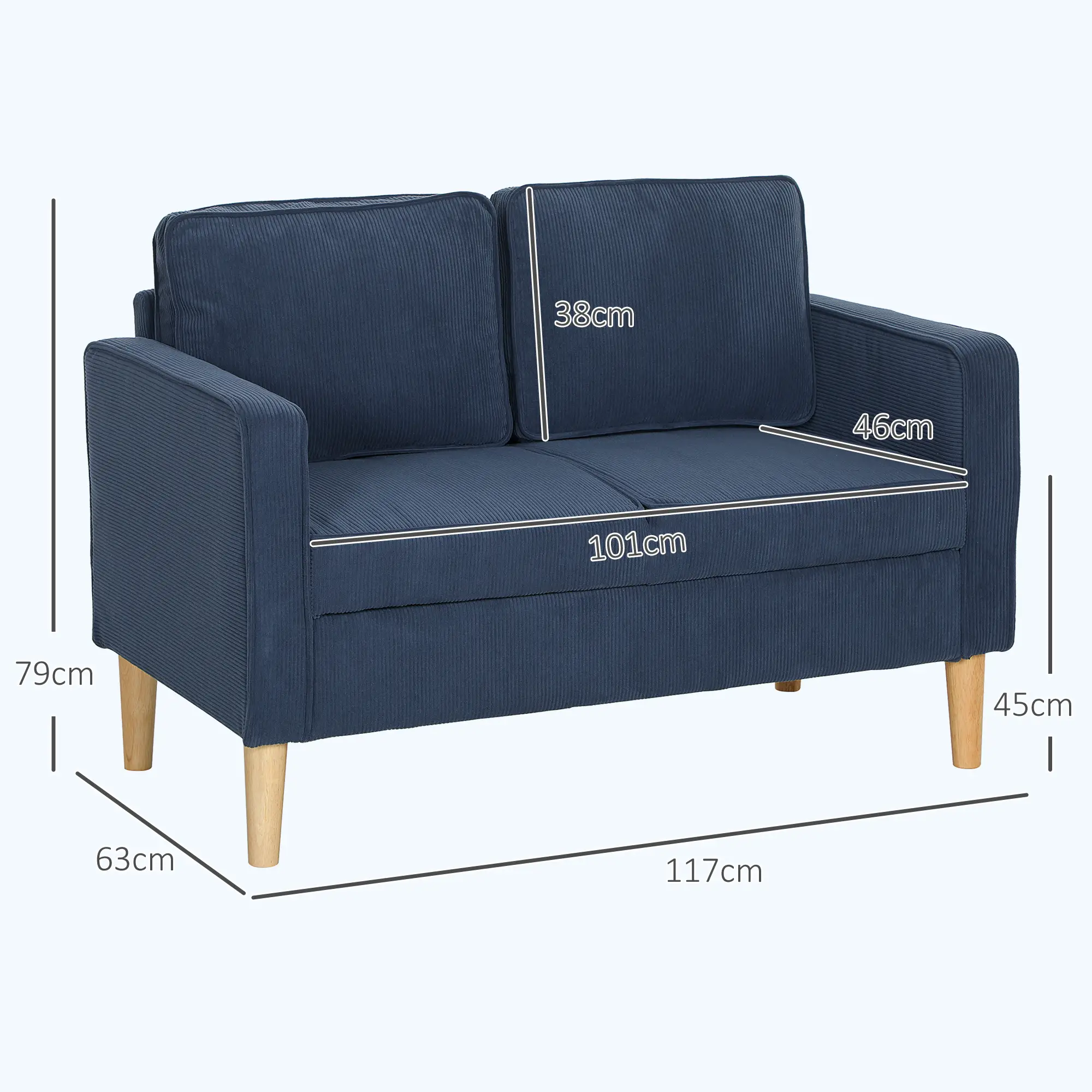 Corduroy Sofa 117 x 63 x 79cm - Blue - 3
