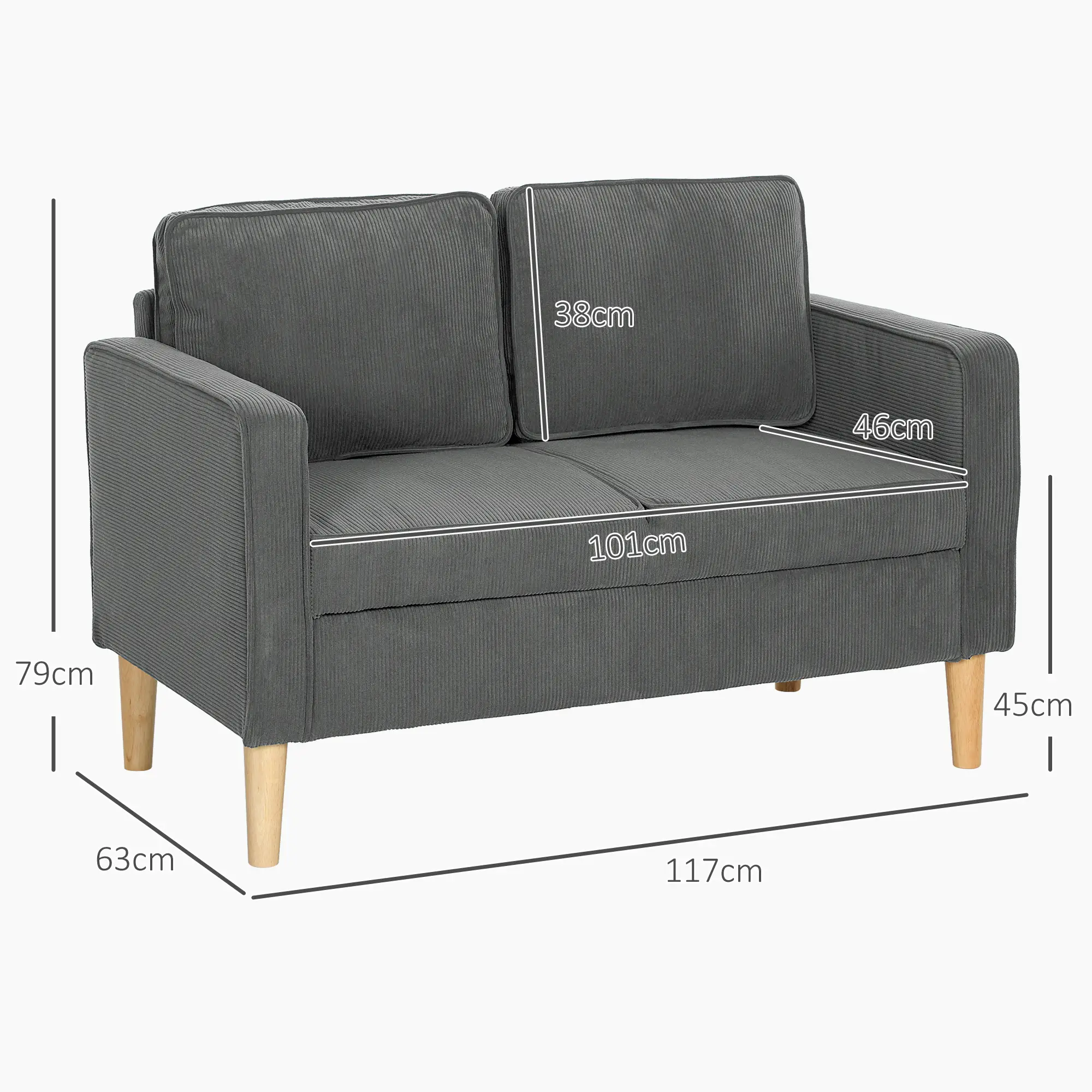 Corduroy Sofa 117 x 63 x 79cm - Grey - 3