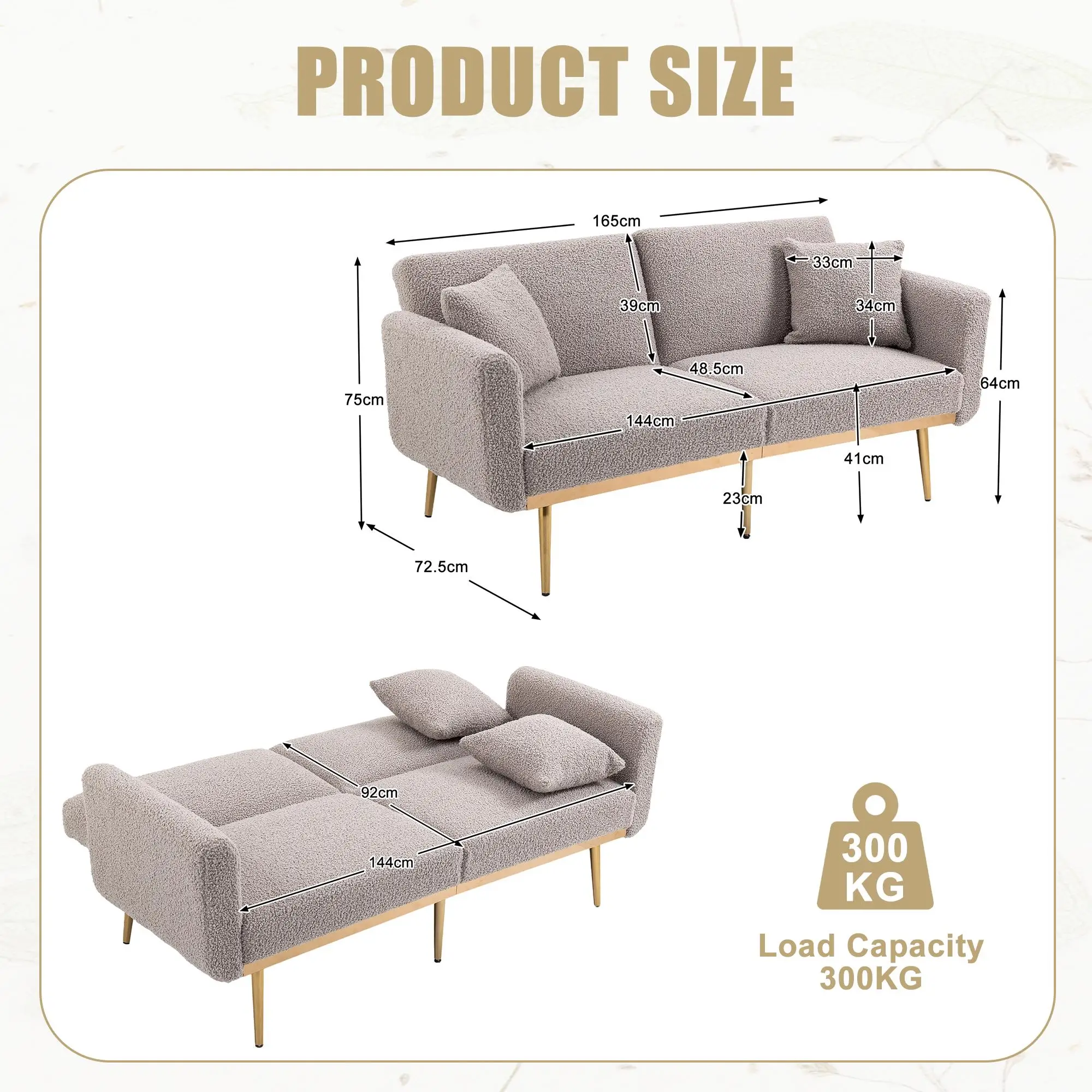 2 Seater Velvet Sofa 165 x 72.5 x 75cm, Grey Teddy - Grey Teddy - 3
