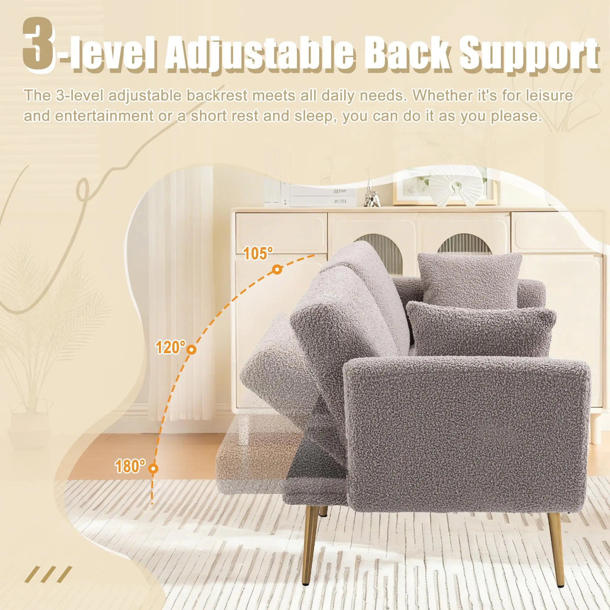 2 Seater Velvet Sofa 165 x 72.5 x 75cm, Grey Teddy - Grey Teddy - 5